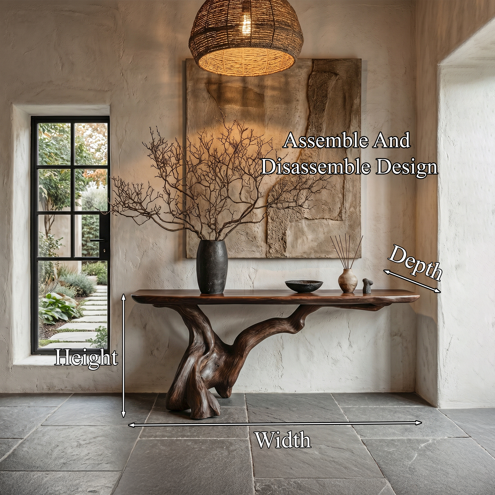 Organic Console Table With Sculptural Open Ring Wood Base For Entryway And Living Room