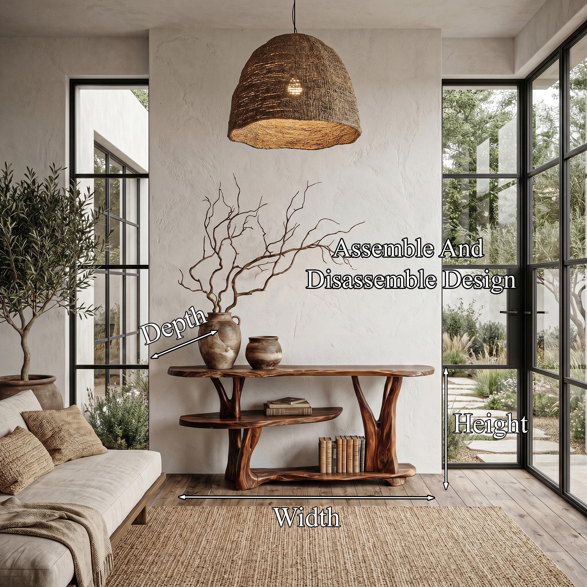 Organic Console Table With Sculptural Tree Root Base And Open Shelf Storage For Entryway And Living Room