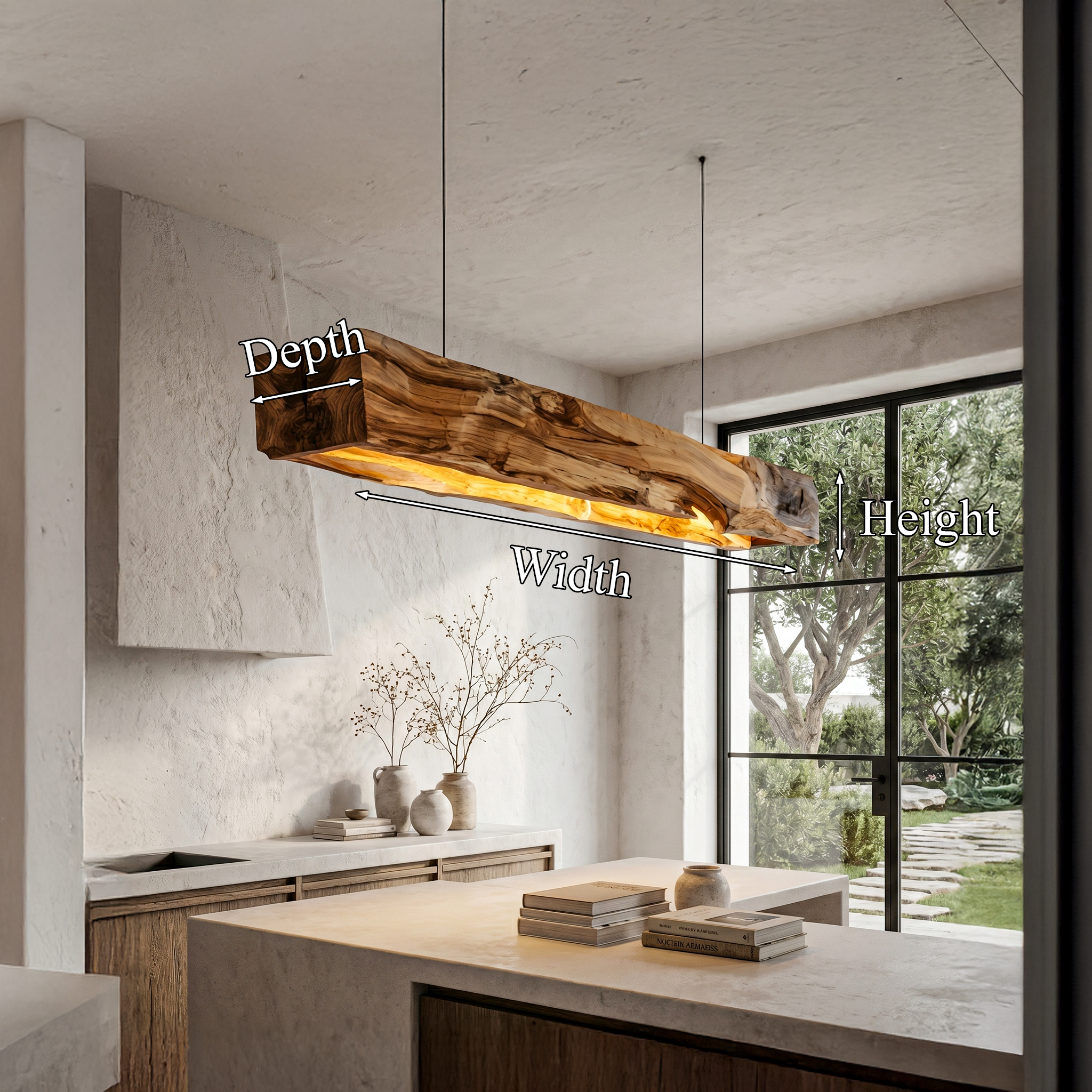 Organic Modern Pendant Light With Sculptural Wood Beam For Living Room And Kitchen