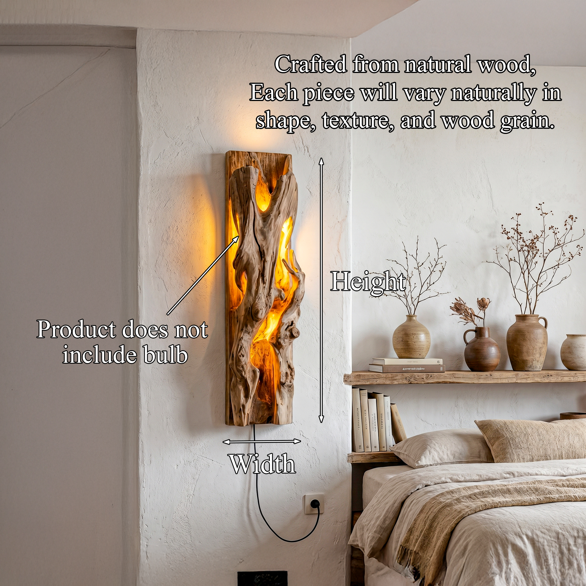 Rustic Live Edge Wall Sconce With Natural Wood Sculpture For Living Room