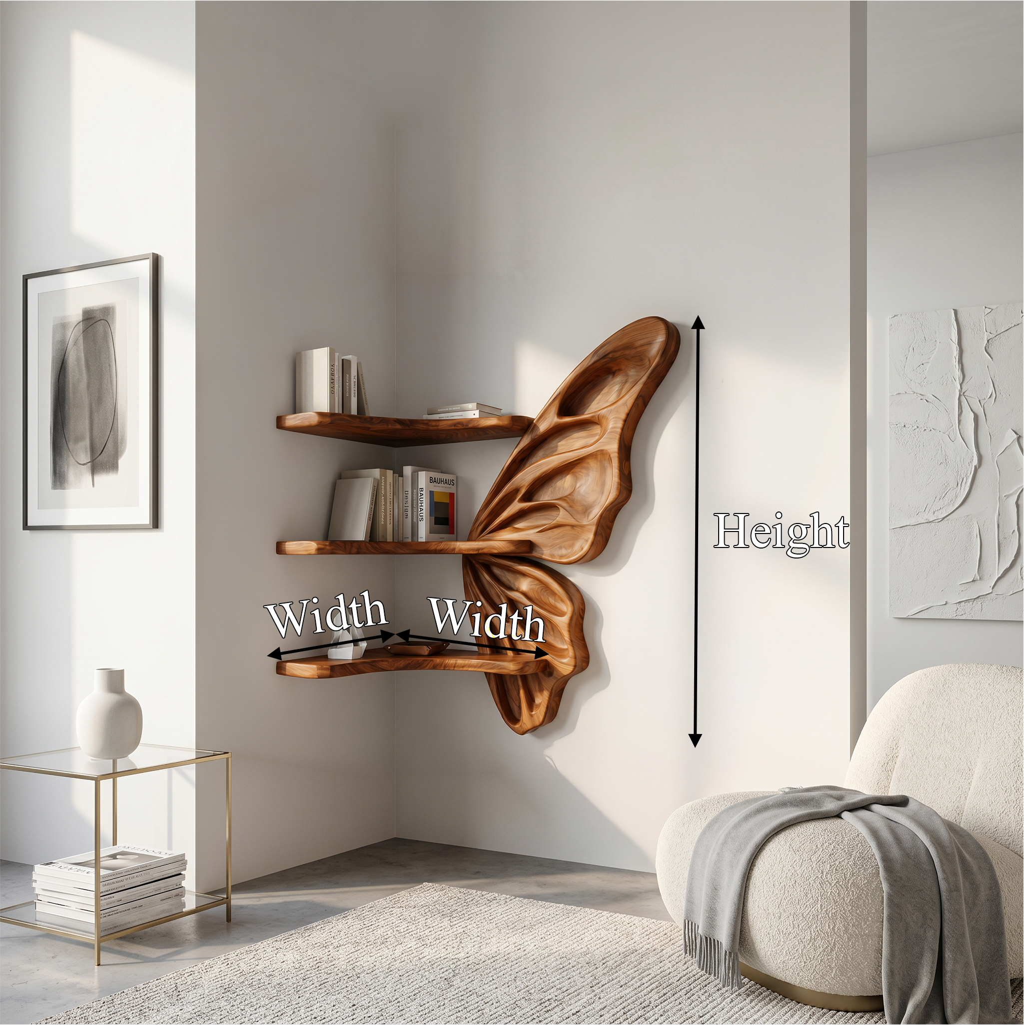 Organic Butterfly Wall Shelf With Floating Display Shelves For Living Room