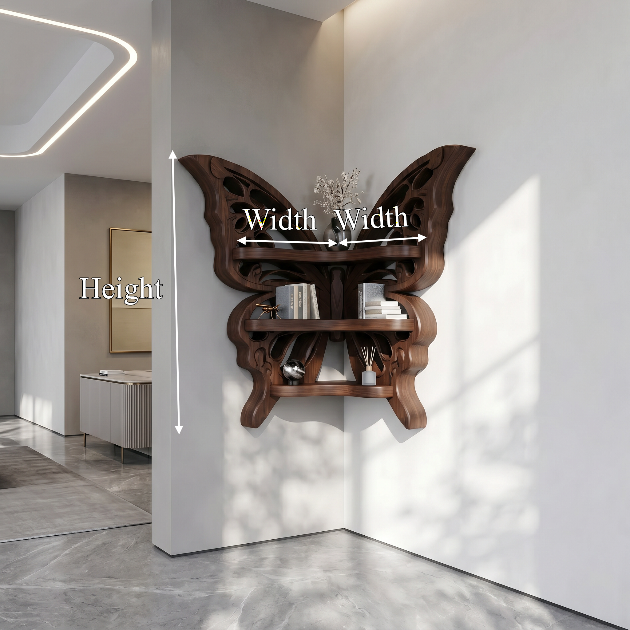 Sculptural Butterfly Floating Shelf With Handcrafted Solid Wood Design For Living Room