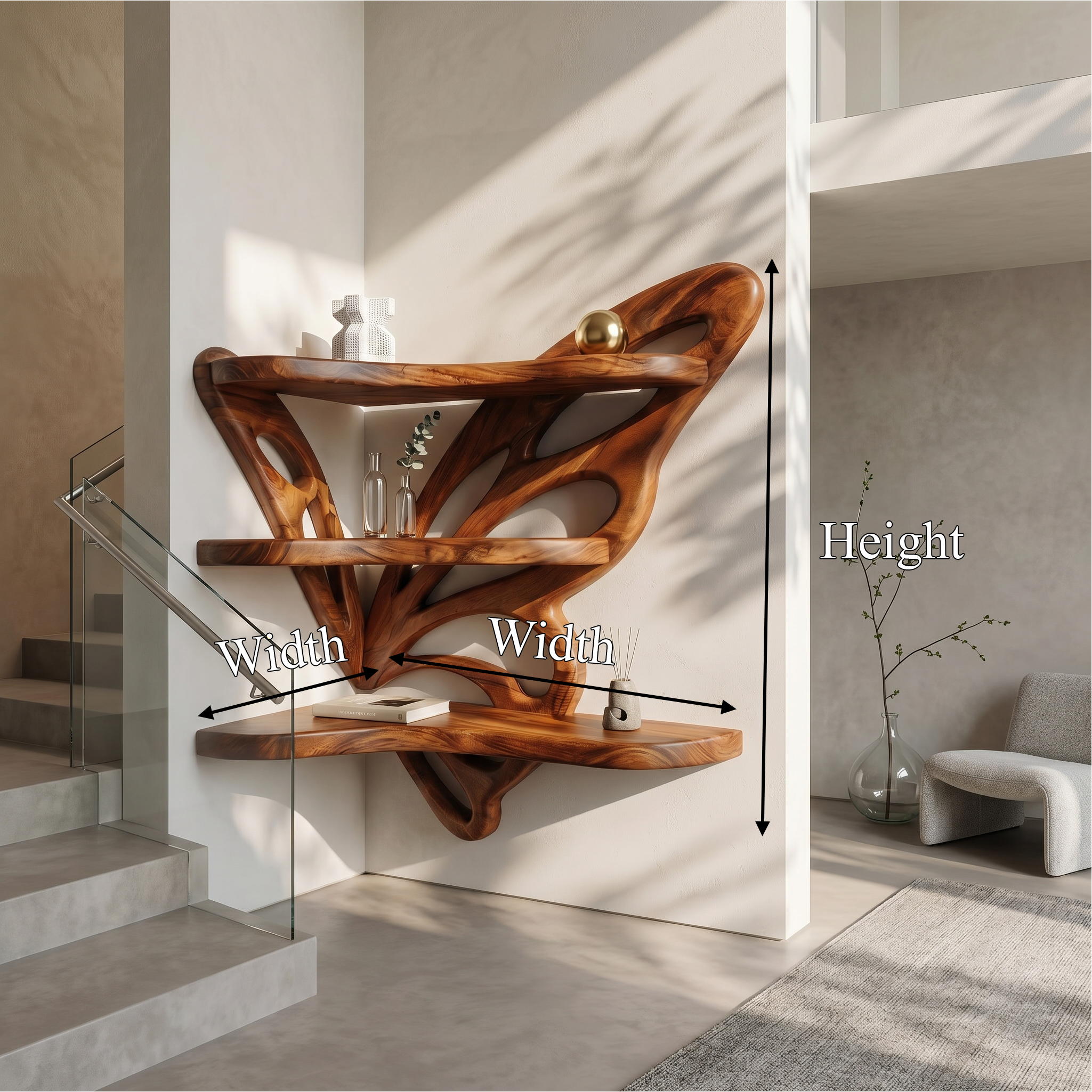 Rustic Butterfly Floating Shelf With Natural Live Edge Wood Design For Living Room