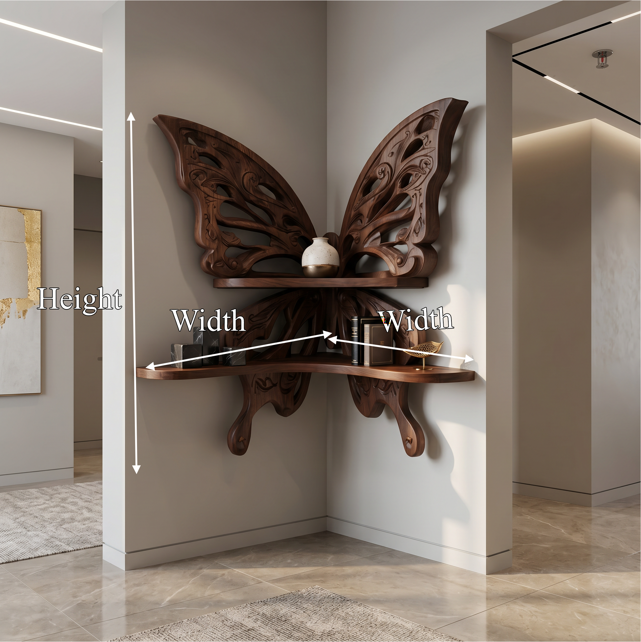 Butterfly Inspired Floating Shelf With Sculptural Live Edge Wood Design For Living Room