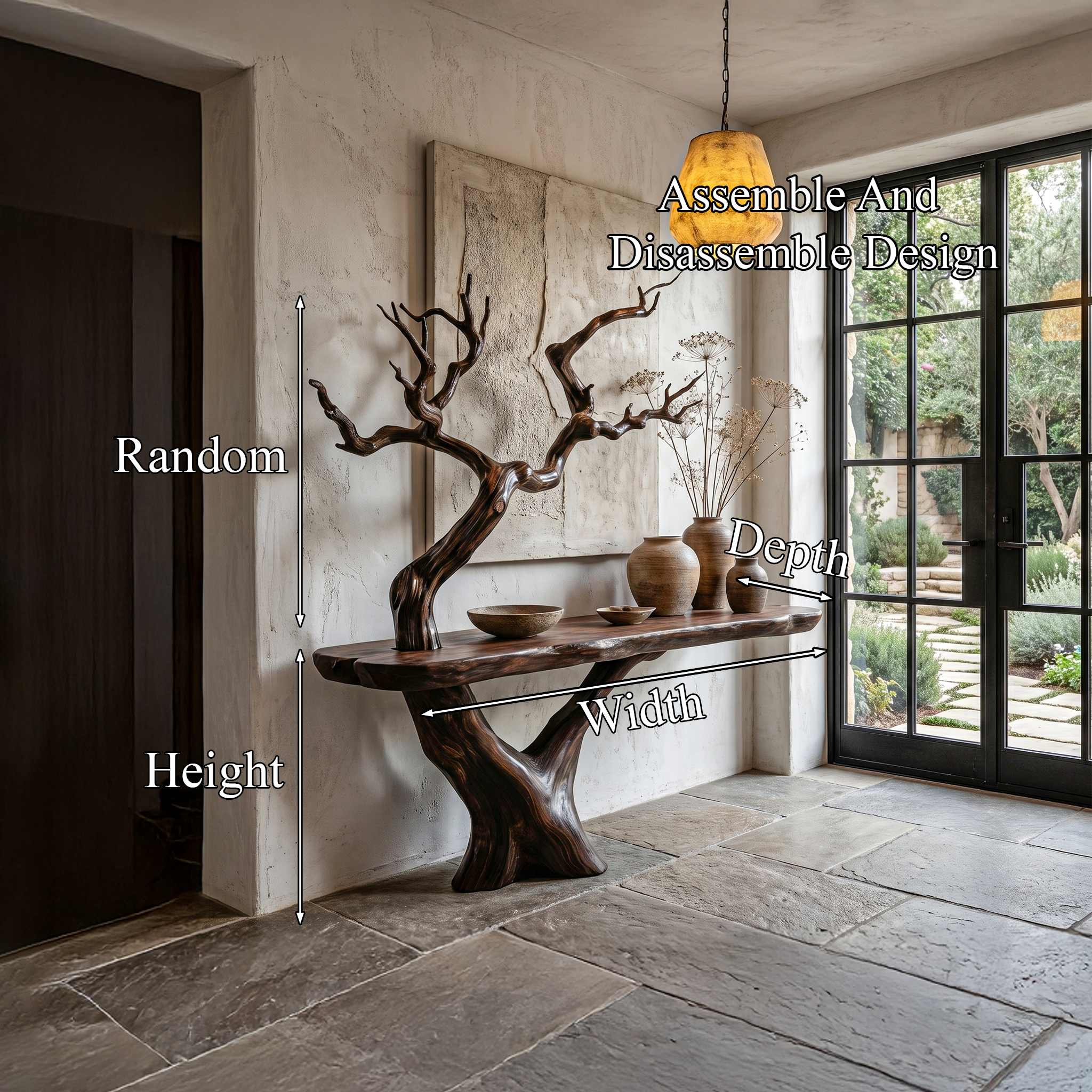 Rustic Console Table With Sculptural Tree Branch Base And Live Edge Wood Top For Entryway And Living Room