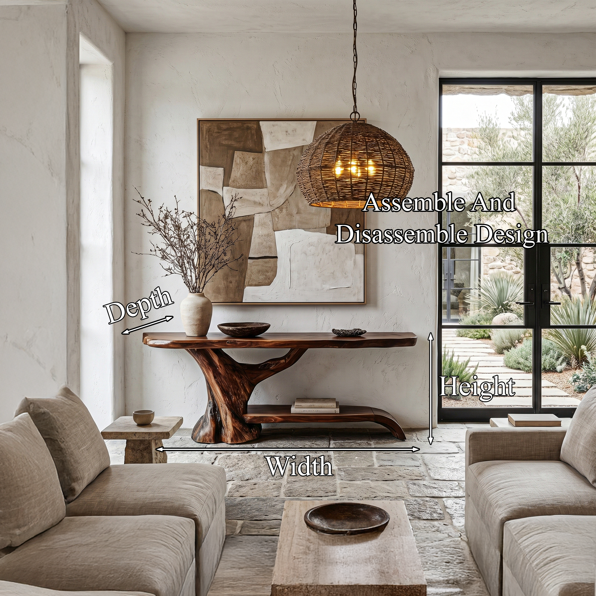 Rustic Live Edge Console Table With Natural Tree Form Base For Living Room