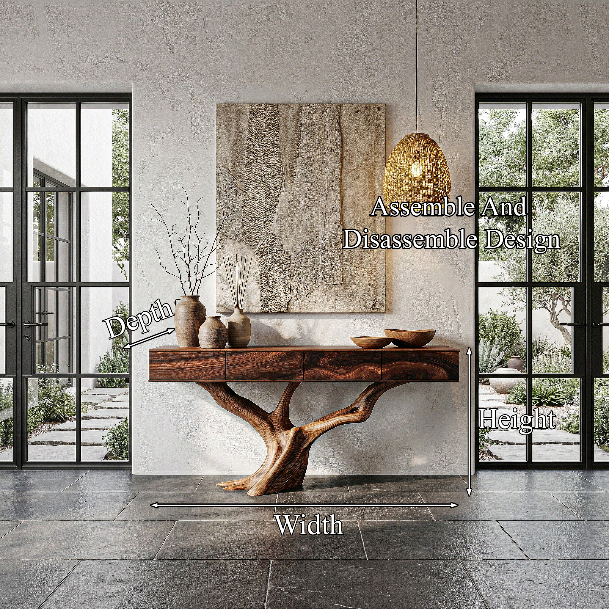 Rustic Live Edge Console Table With Sculptural Tree Branch Base For Entryway And Living Room