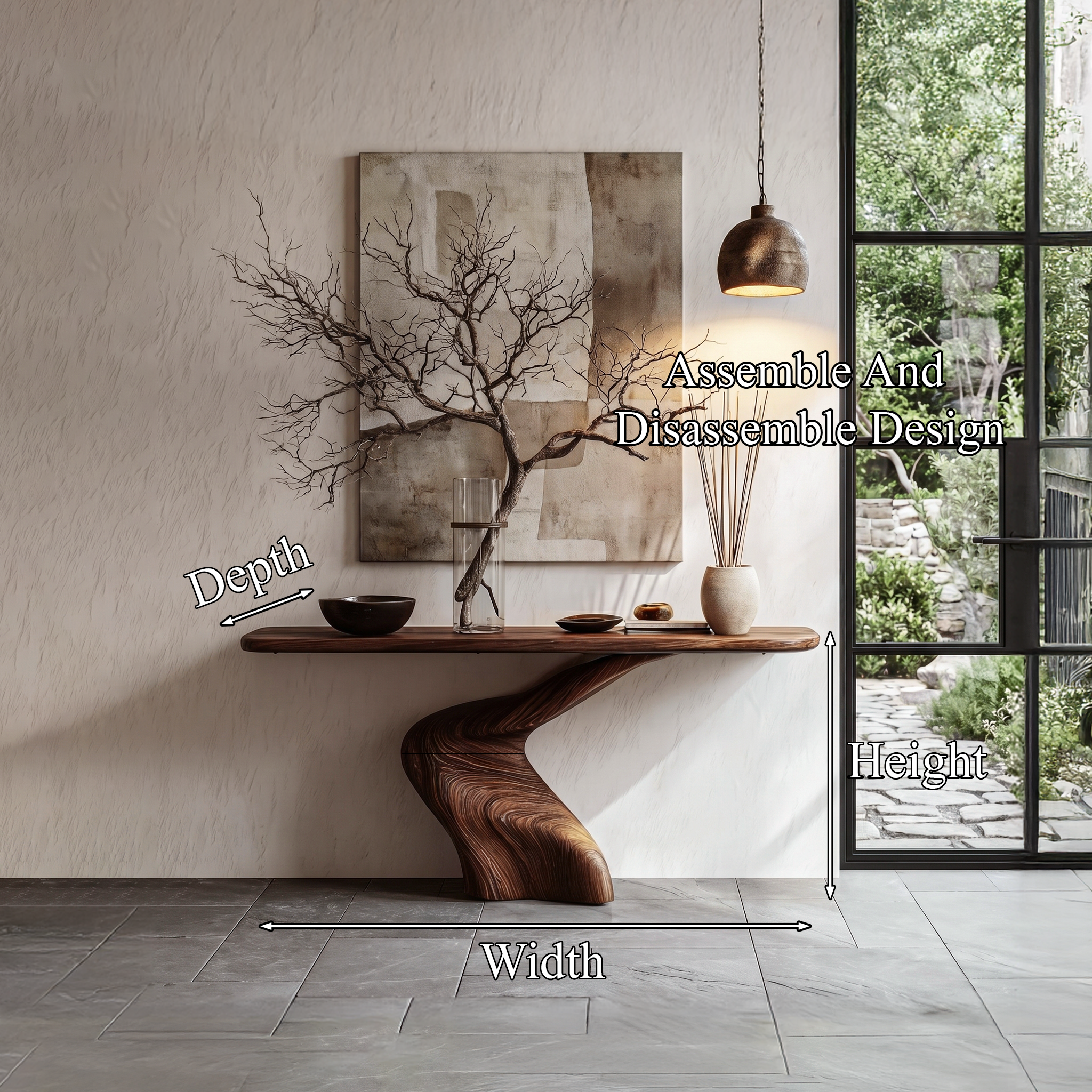 Organic Console Table With Sculptural Twisted Solid Wood Base For Entryway And Living Room