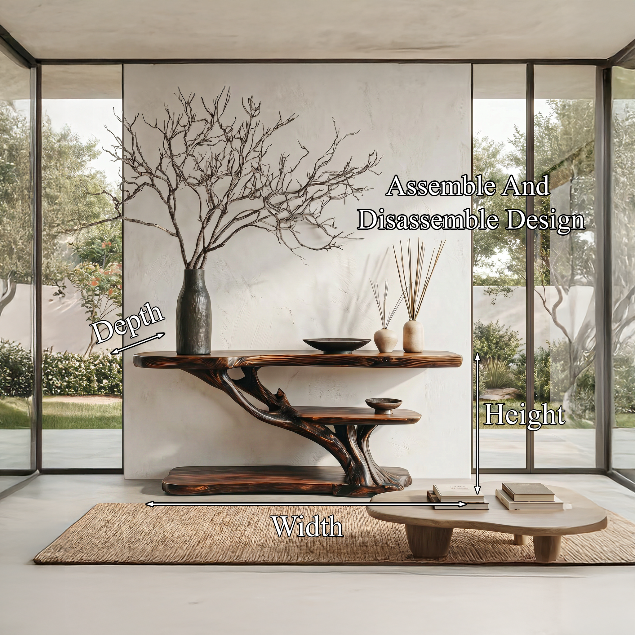 Organic Sculptural Console Table With Handcrafted Wood Base For Hallway