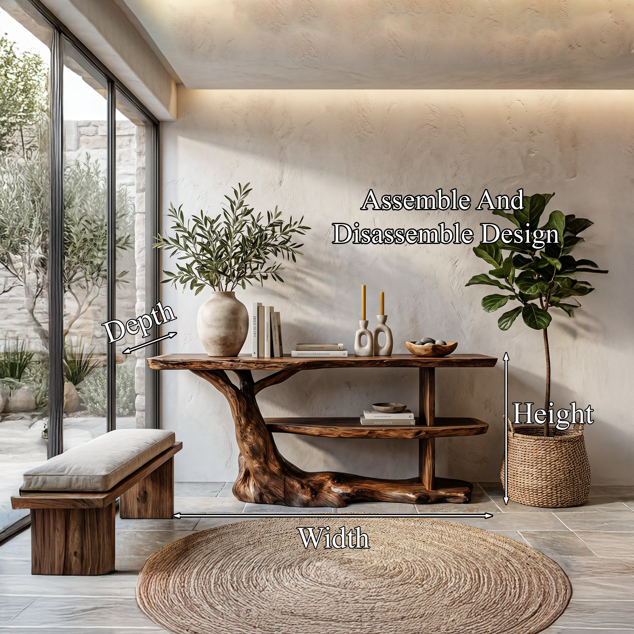 Modern Console Table With Flowing Wood Pedestal Base For Entryway