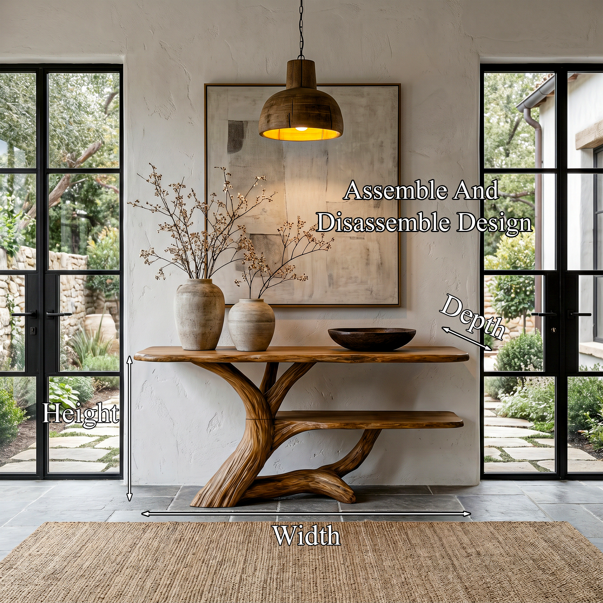 Nature Inspired Console Table With Open Shelf Storage For Living Room