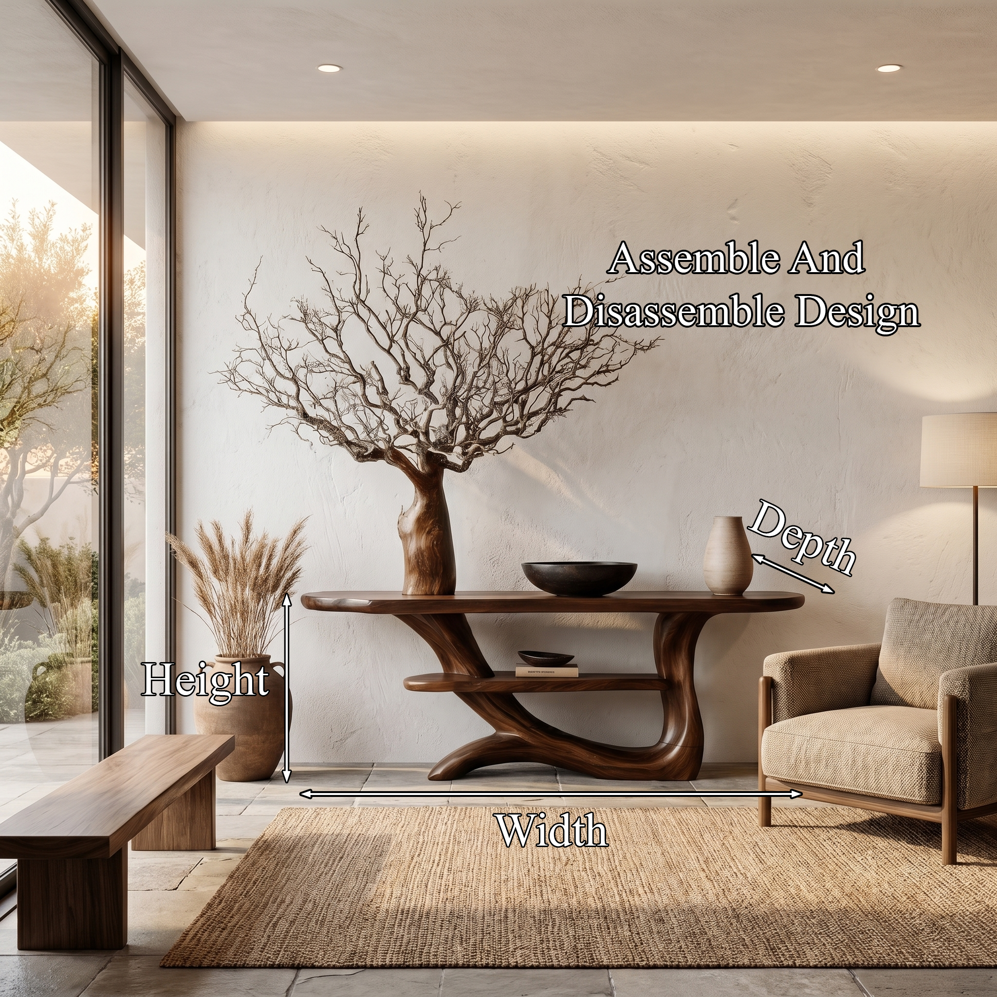 Rustic Console Table With Tree Inspired Solid Wood Base And Display Shelf