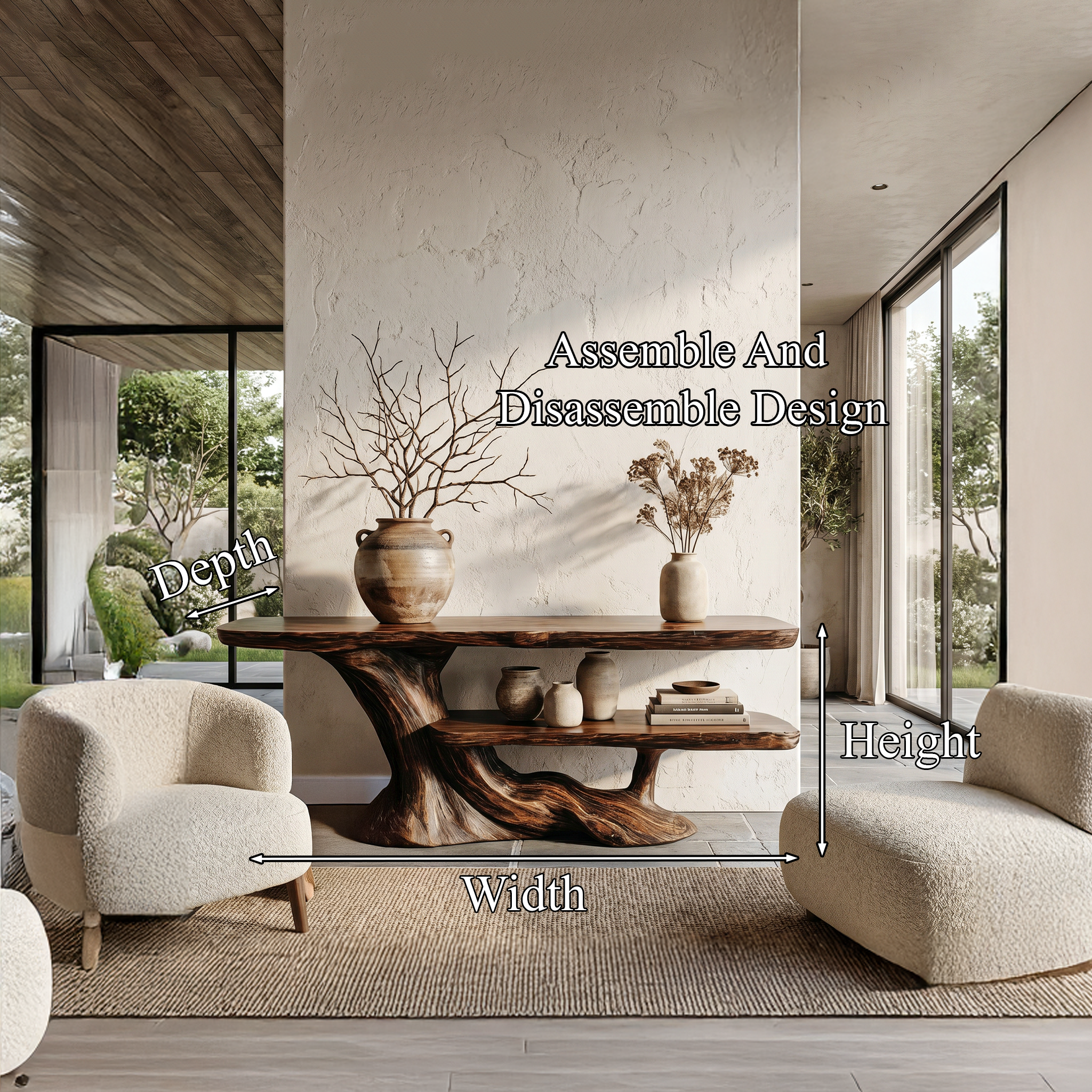 Rustic Console Table With Handcrafted Tree Root Base And Tiered Shelves For Entryway