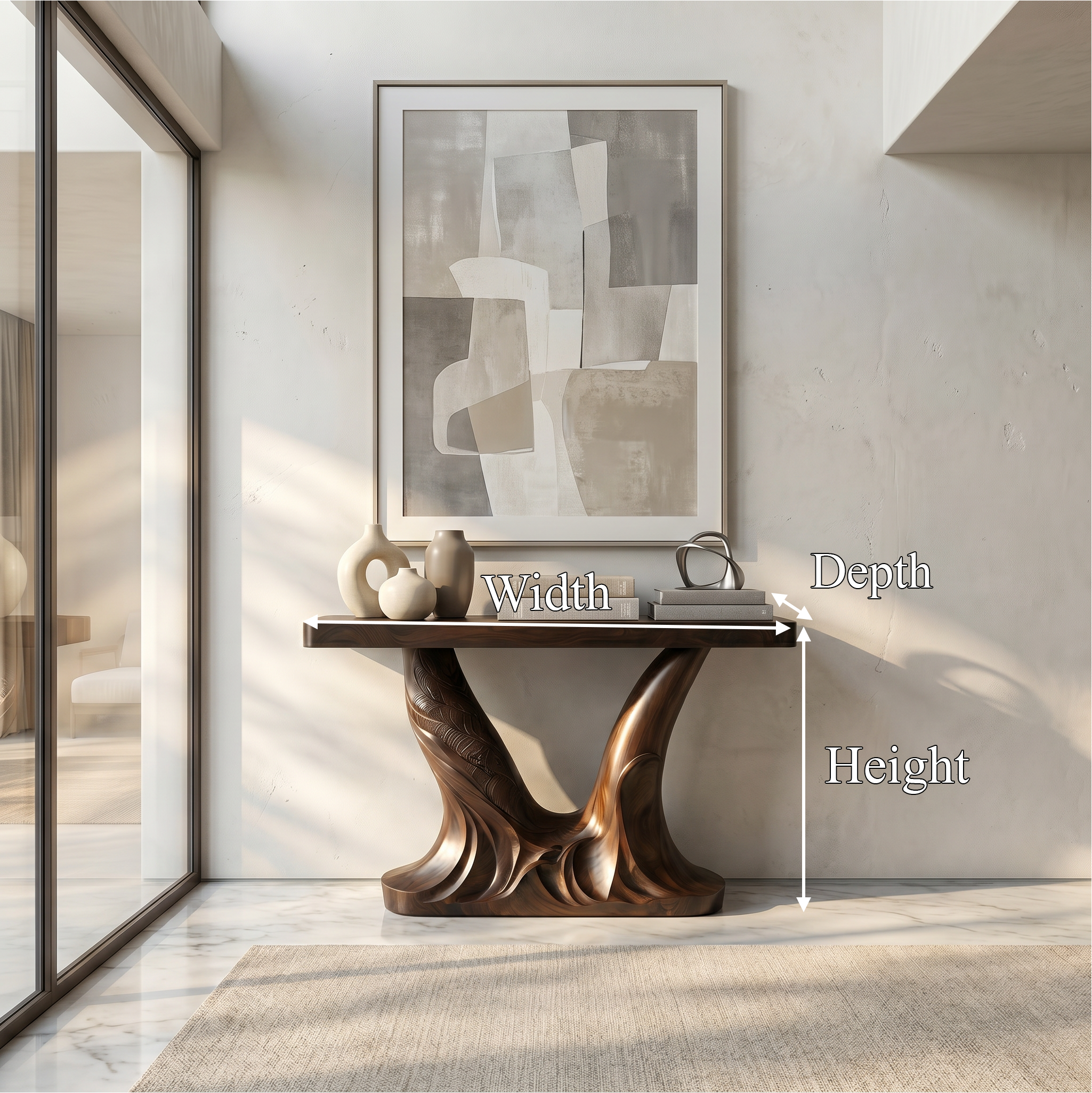 Organic Console Table With Sculptural Double Pedestal Base For Entryway