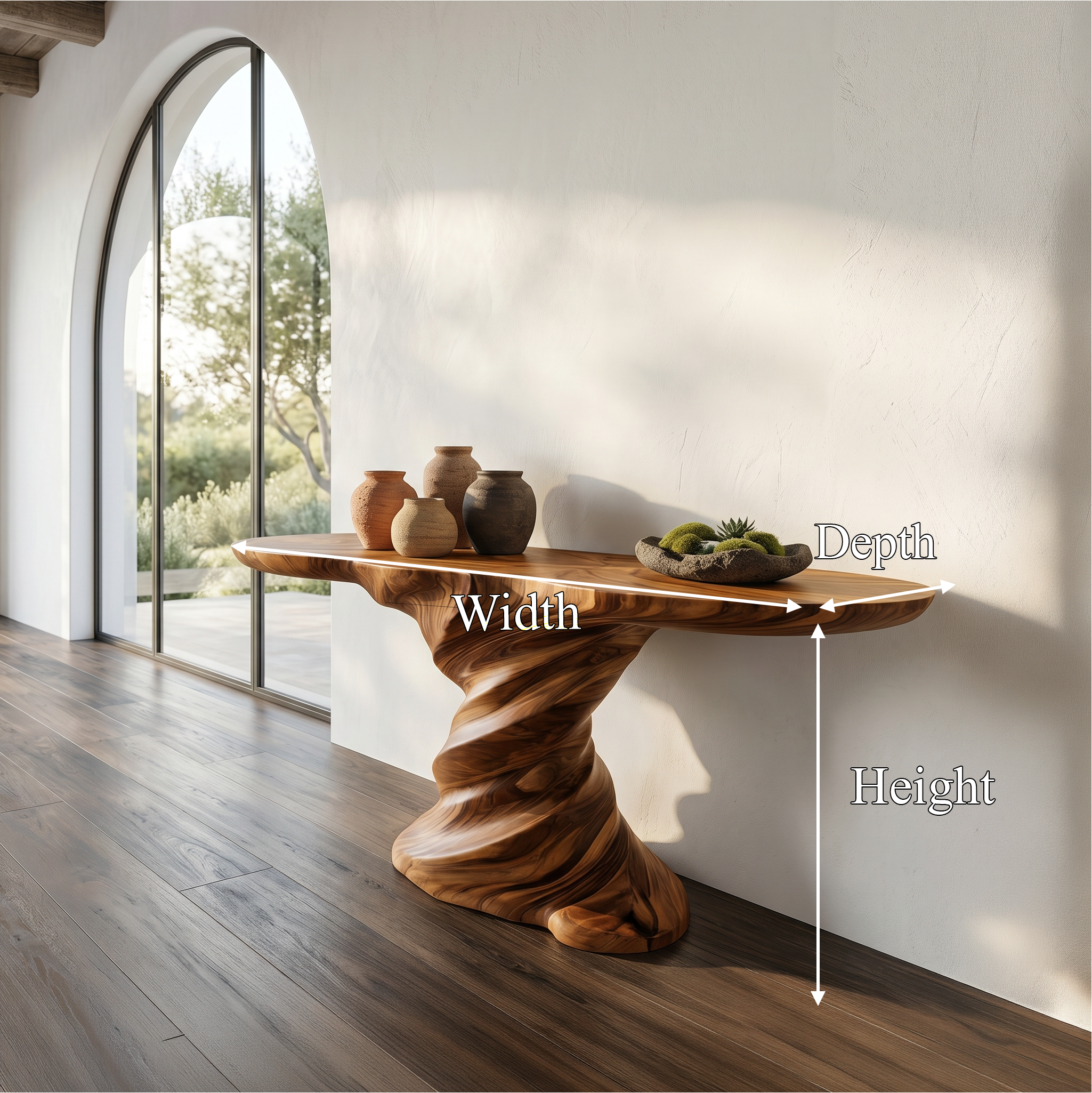Organic Console Table With Sculptural Helix Base For Entryway