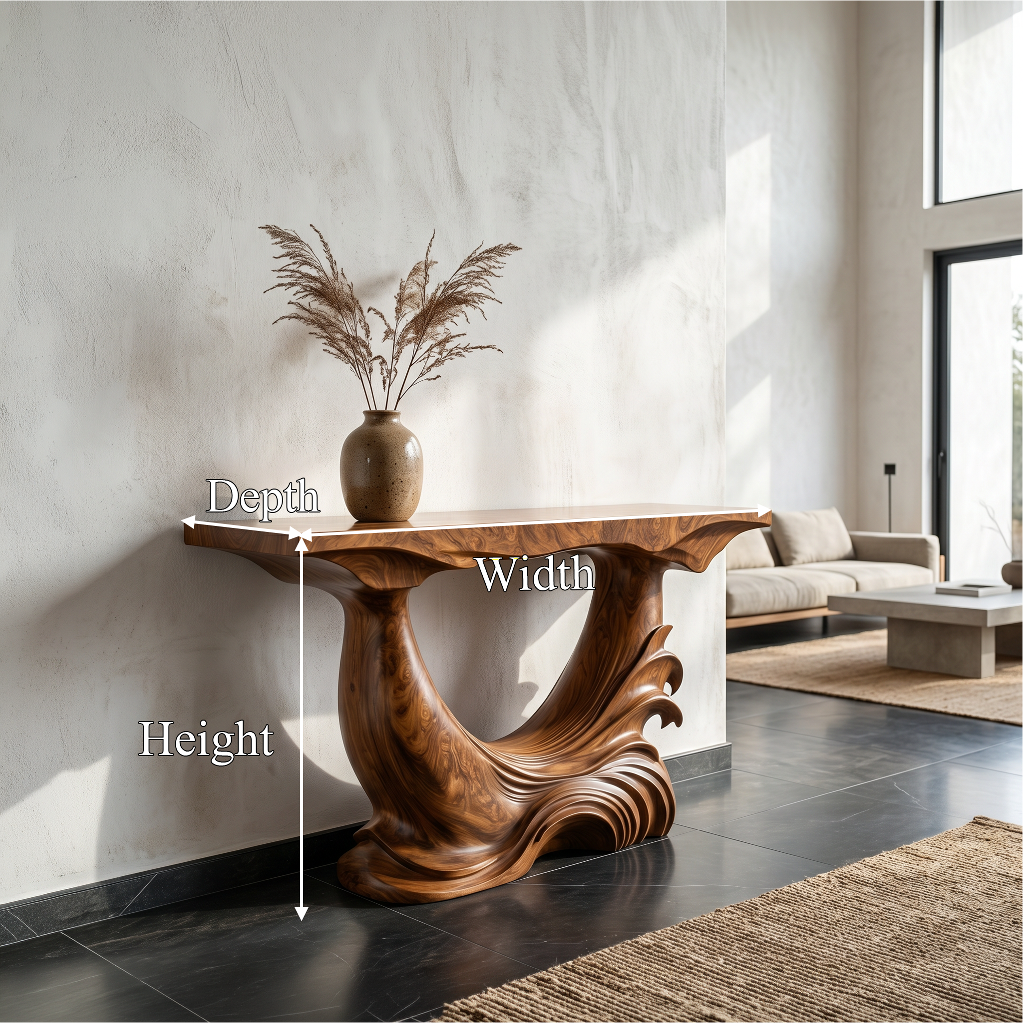 Natural Console Table With Flowing Wood Sculpture For Hallway