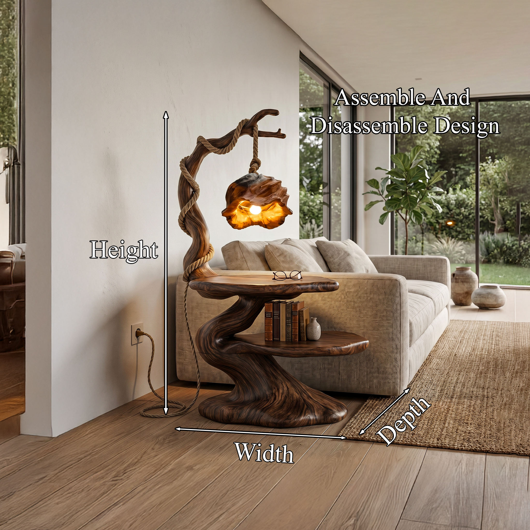Rustic Beside Table With Tree Root Design And Hanging Lamp For Living Room