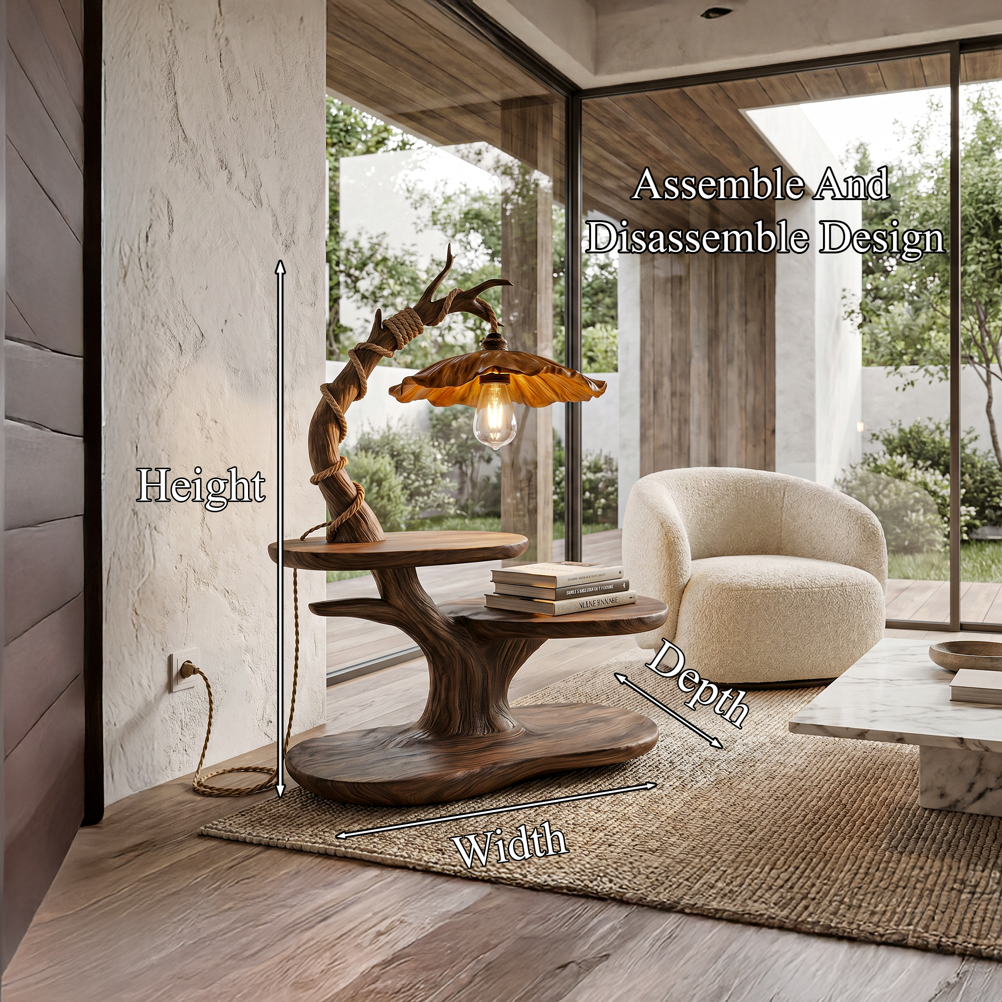 Sculptural Beside Table With Tree Branch Lamp And Open Storage Shelves For Living Room