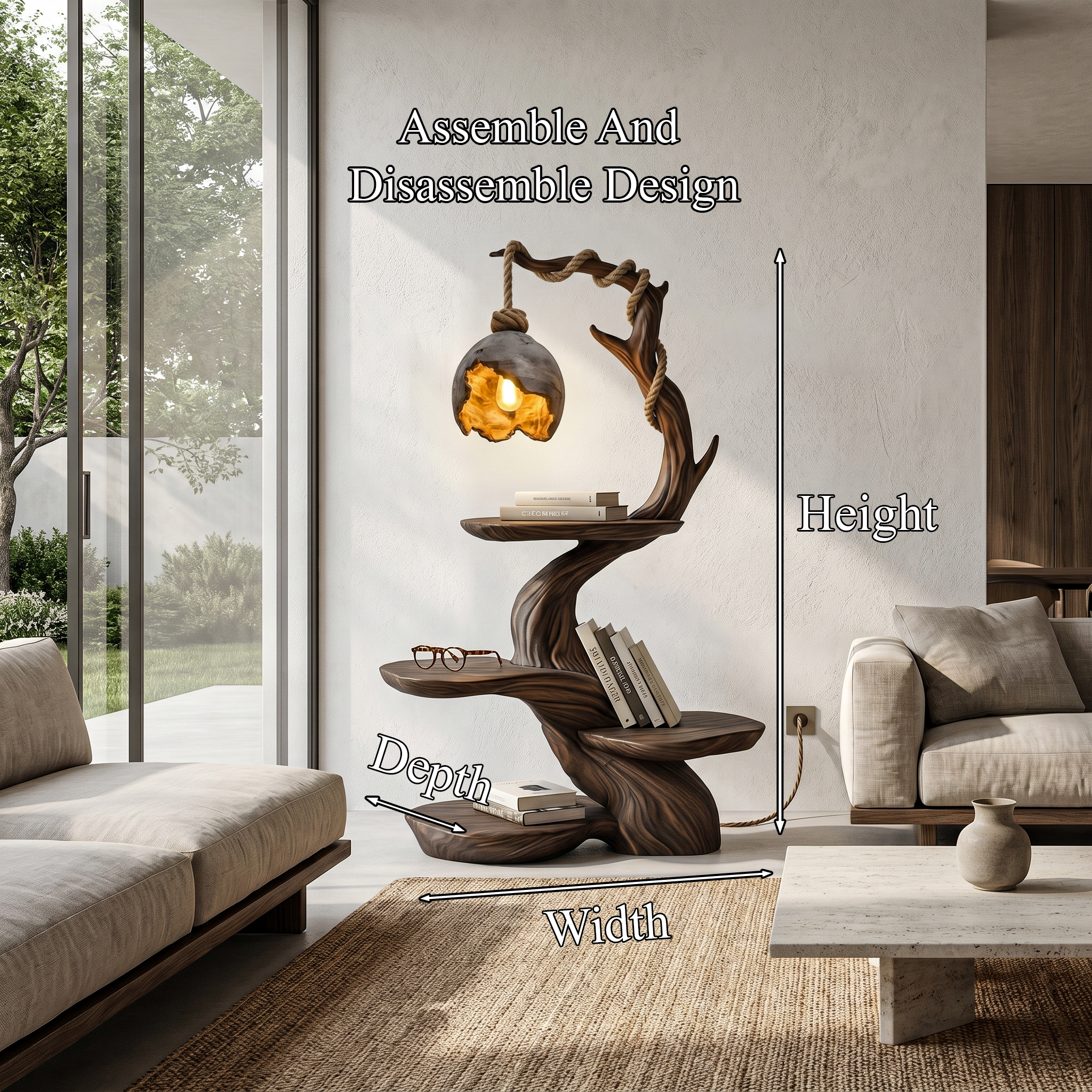 Nature Inspired Beside Table With Sculptural Tree Form And Ambient Lamp For Living Room