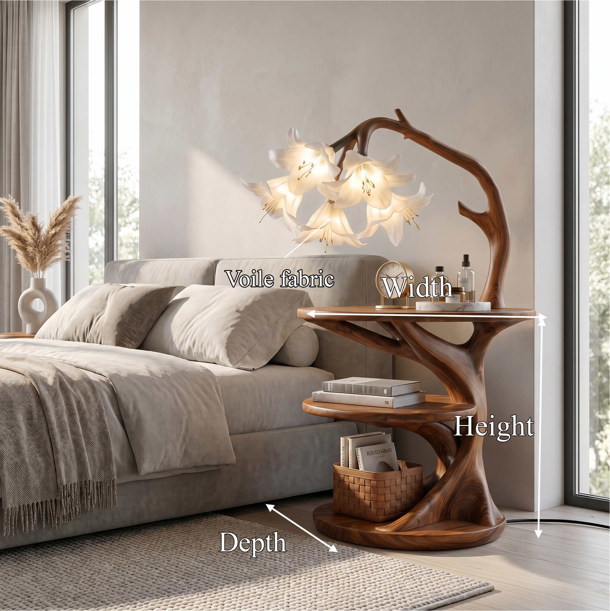 Rustic Side Table With Flower Shade Lamp For Bedroom And Living Room