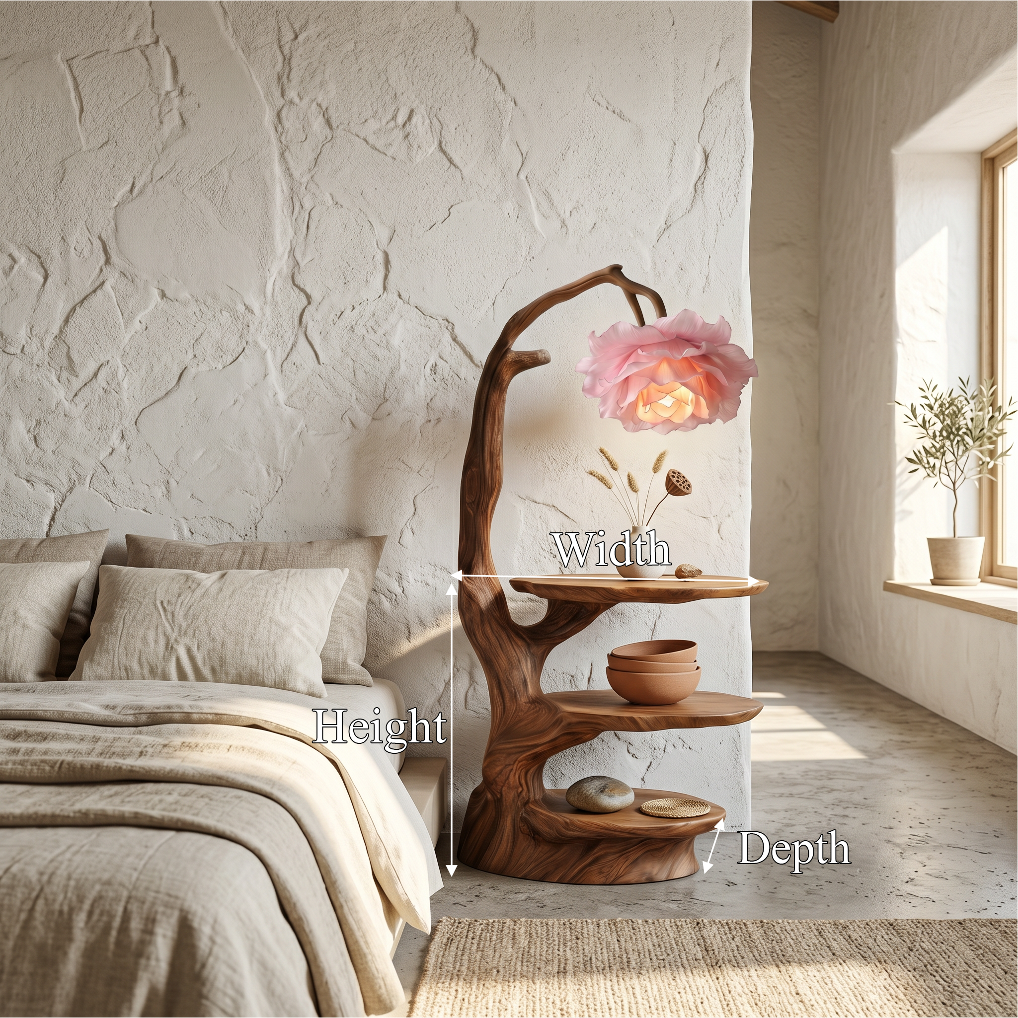 Natural End Table With Tree Branch Form And Flower Lamp For Bedroom And Reading Nook