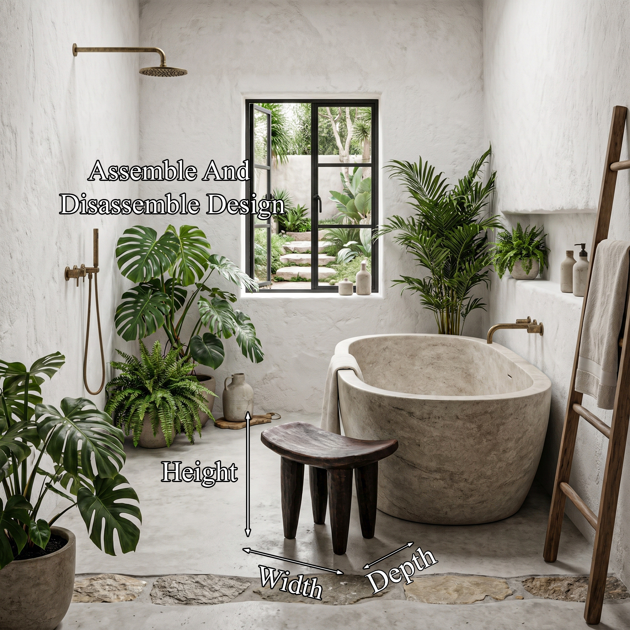Rustic Wooden Stool With Artistic Solid Wood Form For Bathroom
