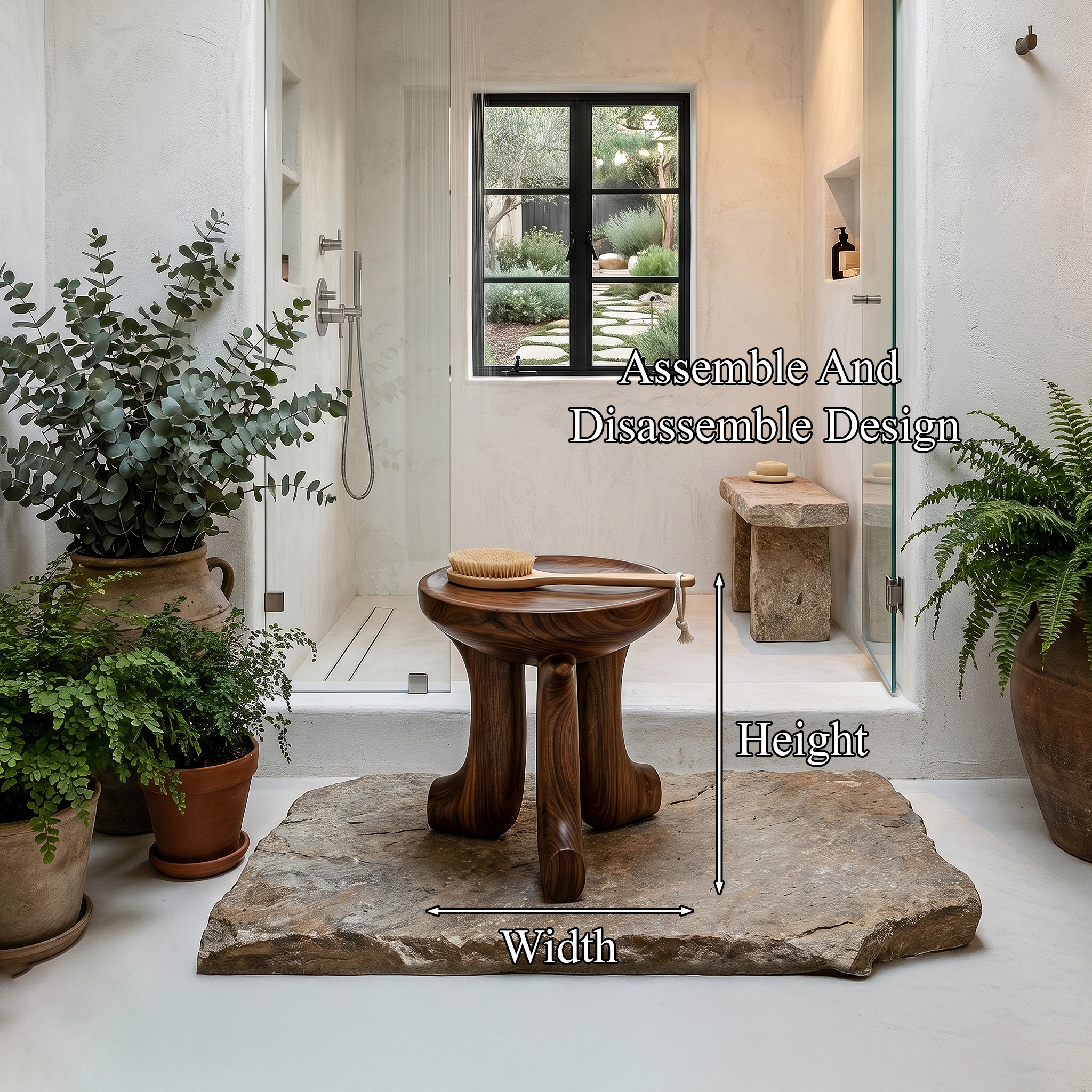 Rustic Bath Stool With Chunky Solid Wood Legs For Bathroom