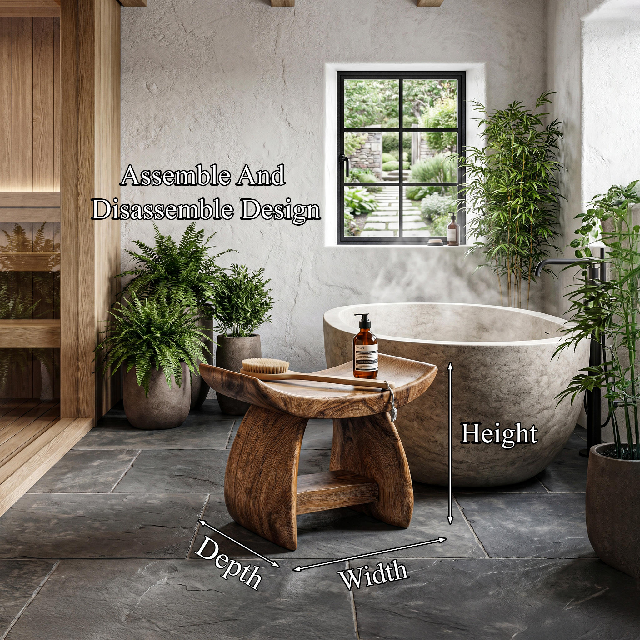 Nature Inspired Bathroom Stool With Sculptural Wood Design For Bathroom