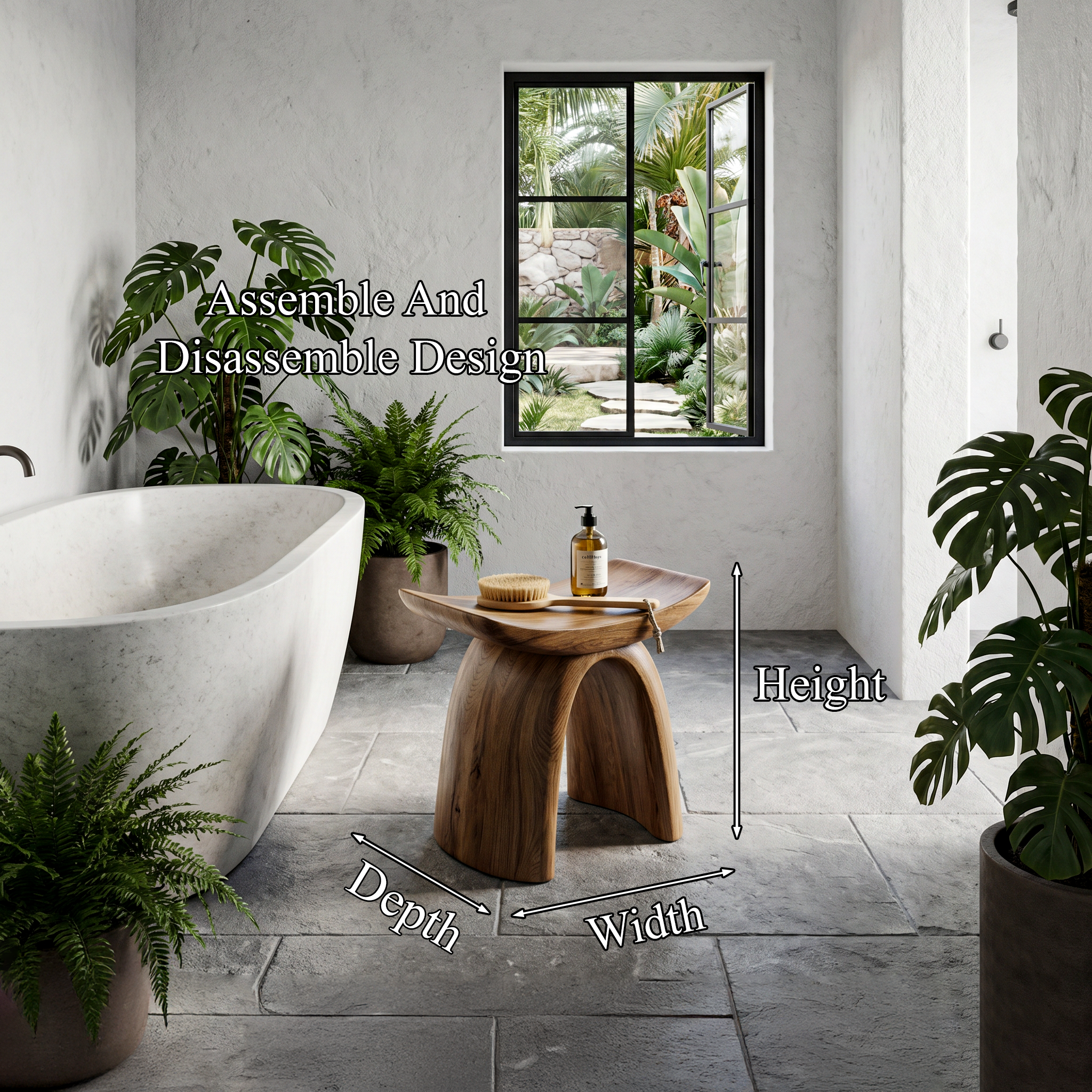 Organic Modern Shower Stool With Sculptural Wood Base For Bathroom