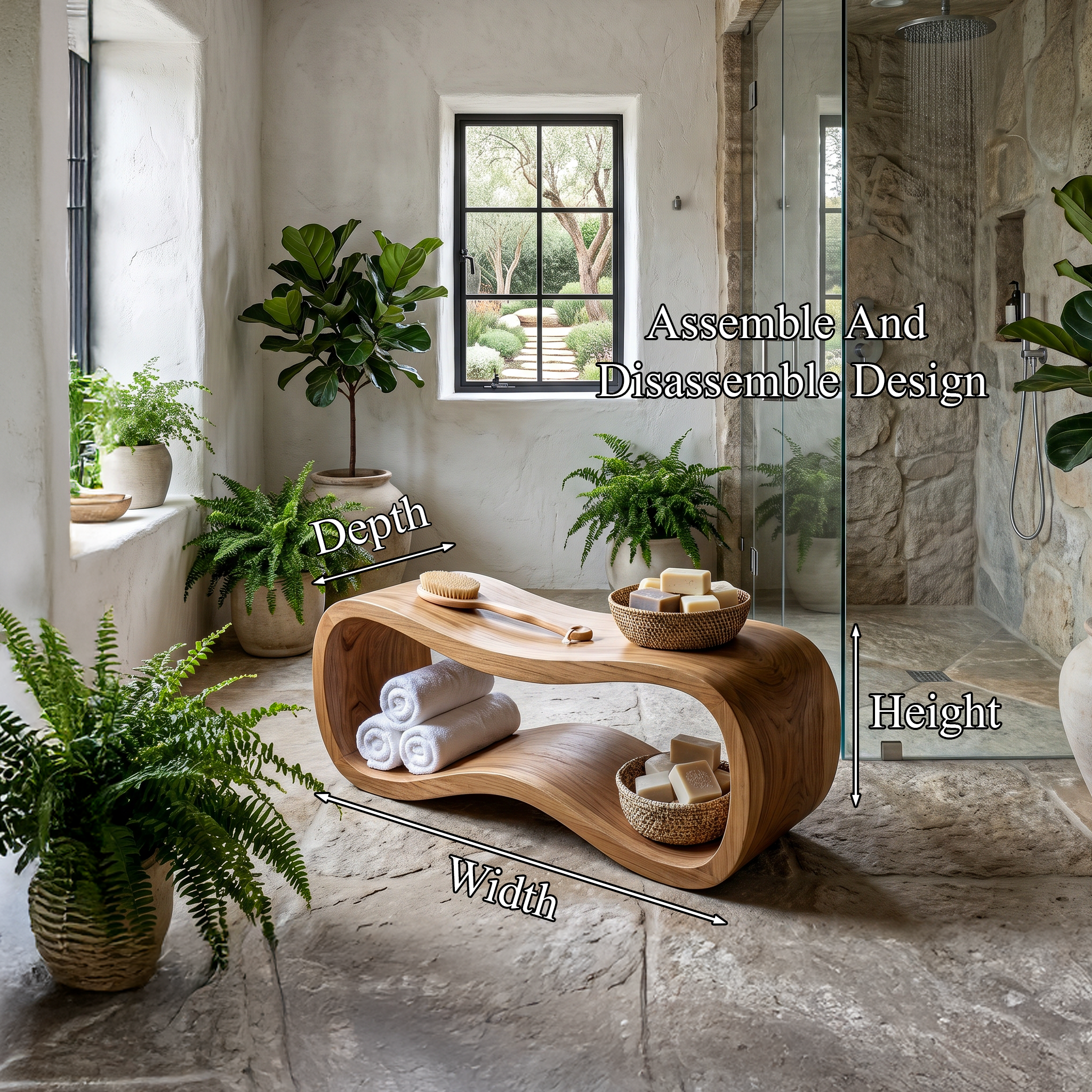Sculptural Wooden Shower Bench For Bathroom