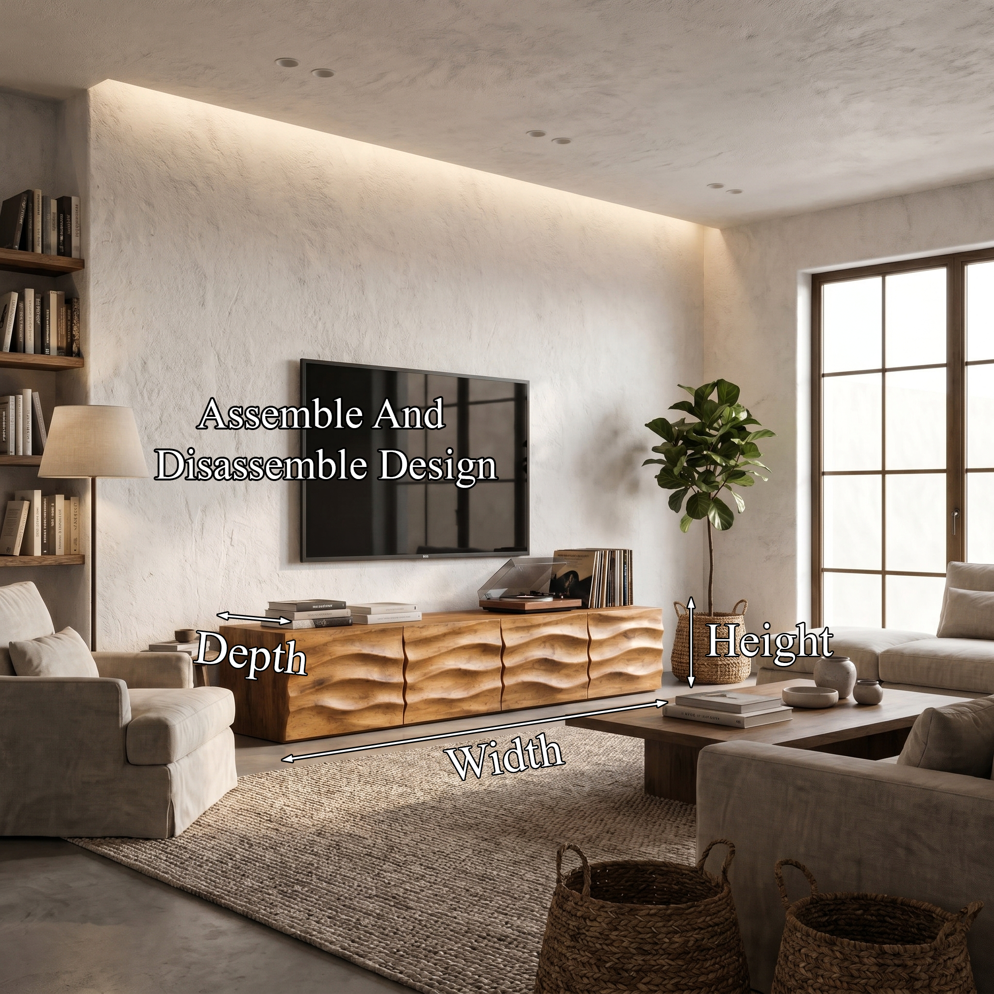 Organic TV Cabinet With Wave Front Doors And Built In Storage For Living Room