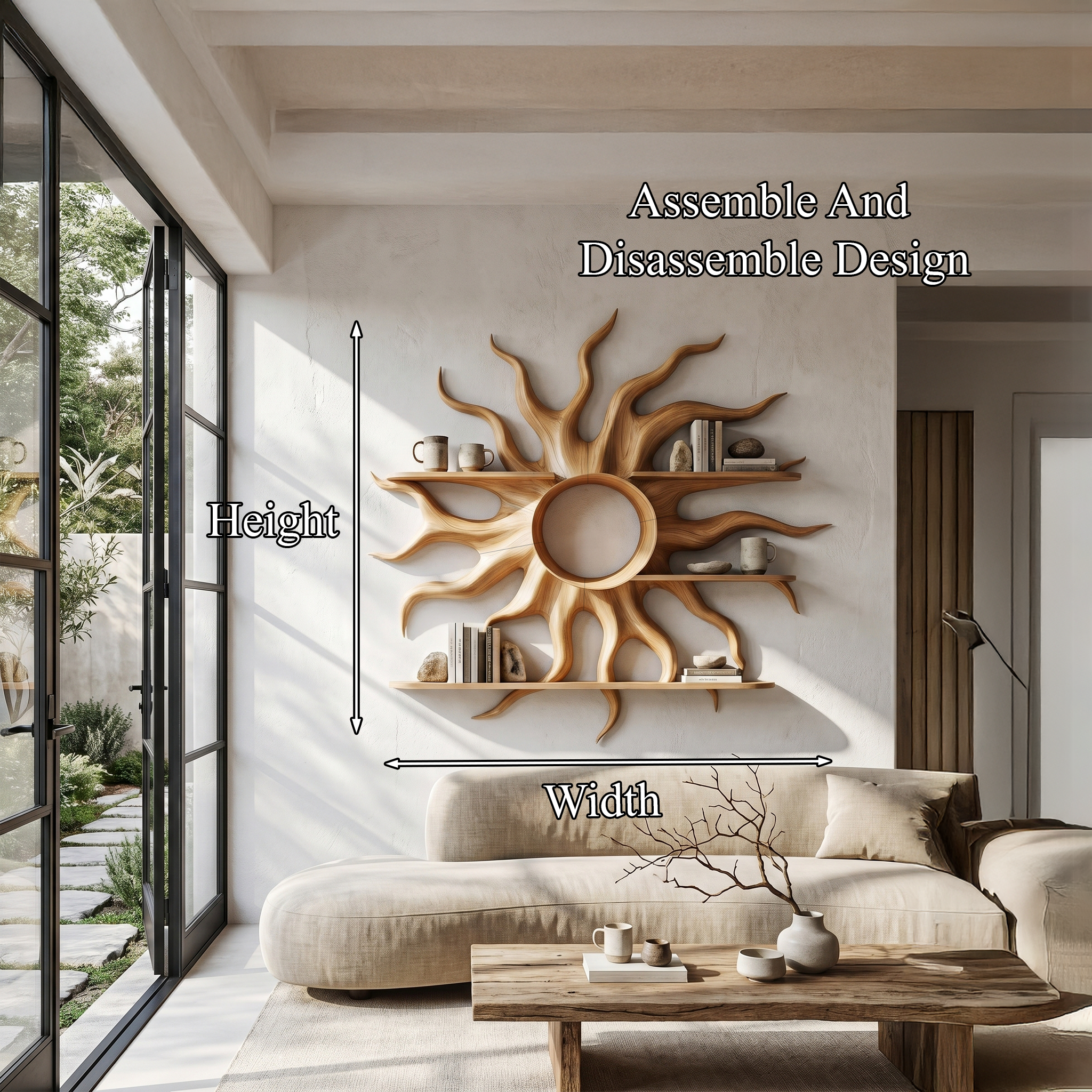 Sculptural Sun Wall Shelf With Floating Shelf For Home Decor