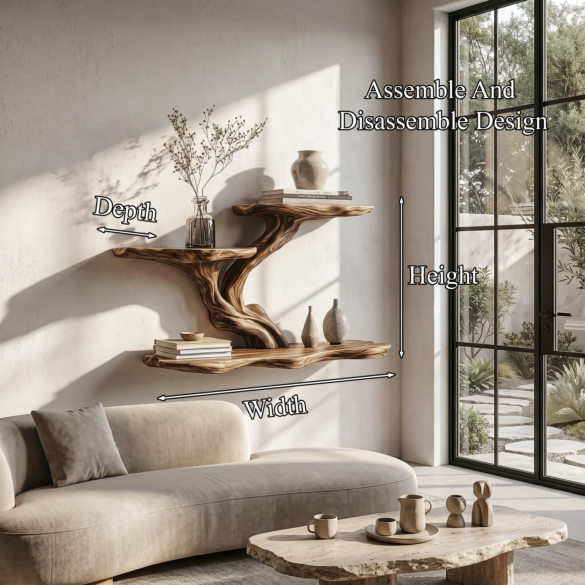 Organic Tree Branch Floating Shelf With Sculptural Wall Storage For Living Room