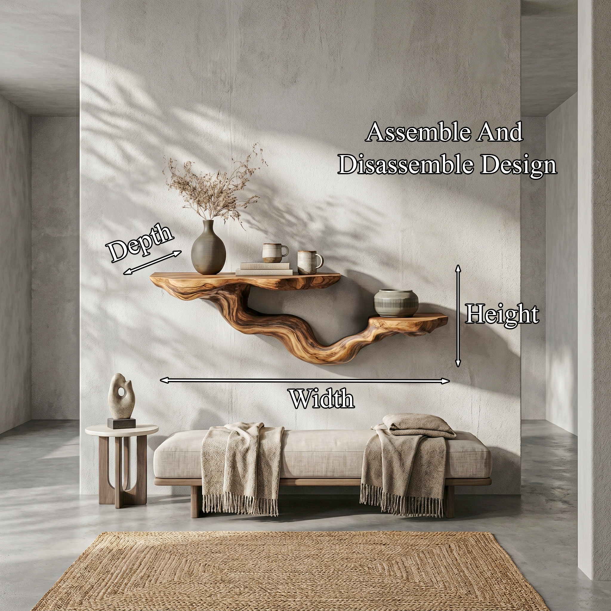 Rustic Floating Shelf With Sculptural Tree Branch Form For Home Decor