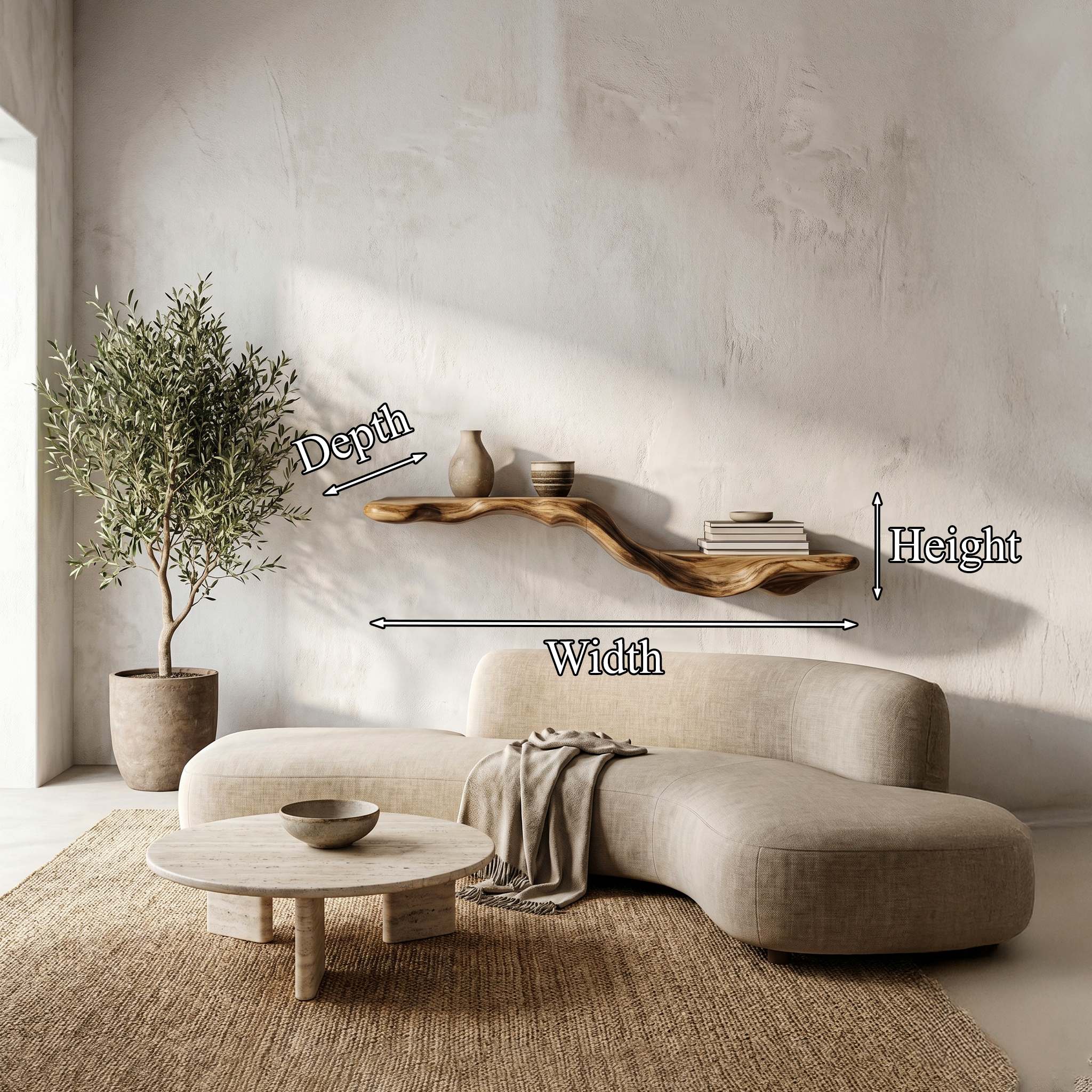 Organic Floating Shelf With Flowing Tree Branch Design For Living Room And Bedroom