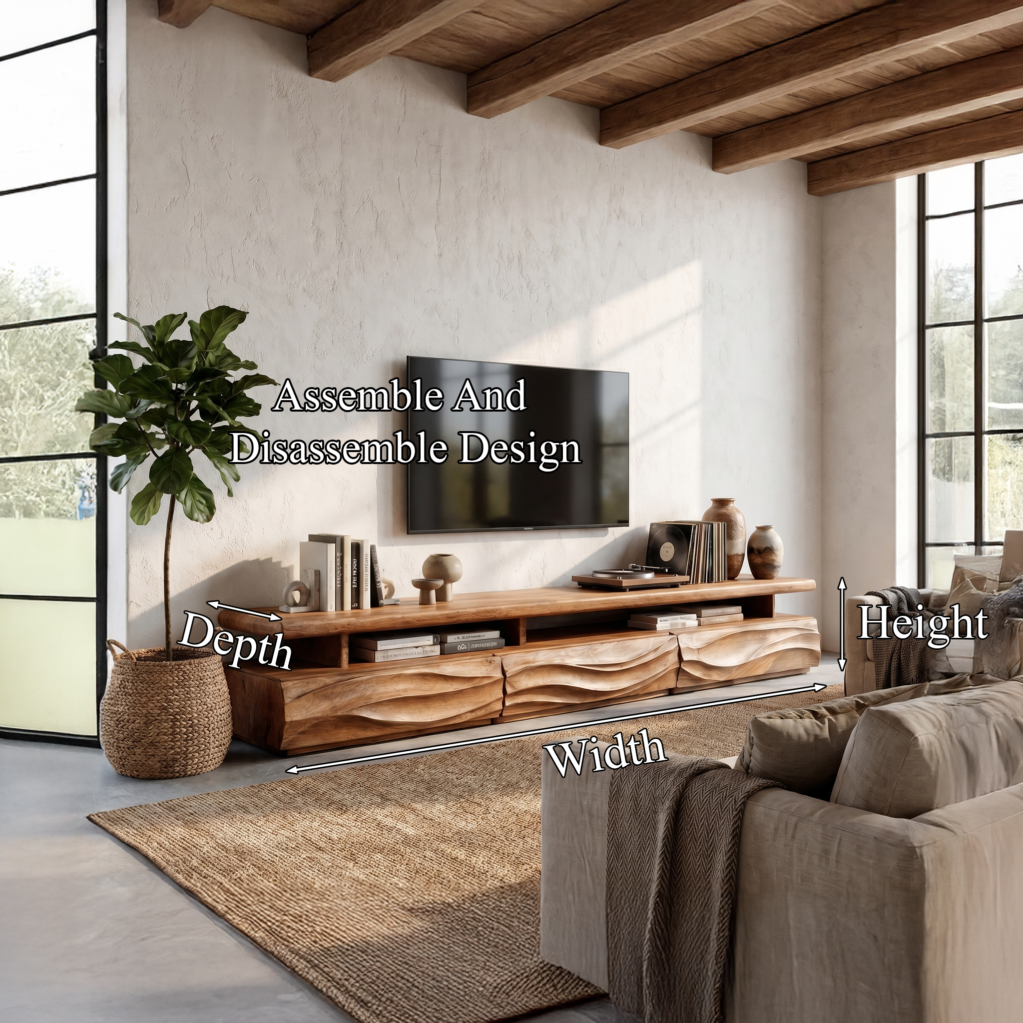 Rustic TV Cabinet With Open Storage Shelf And Wave Front Drawers For Living Room