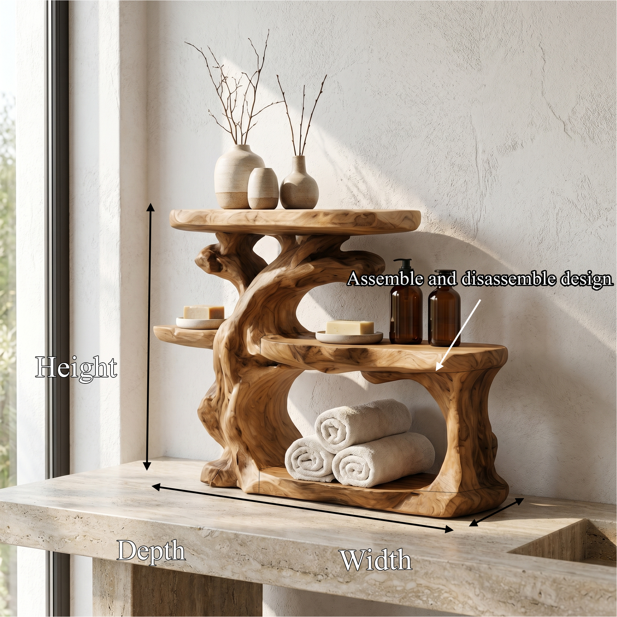 Rustic Bathroom Counter Organizer Shelf With Artistic Wood Form For Bathroom