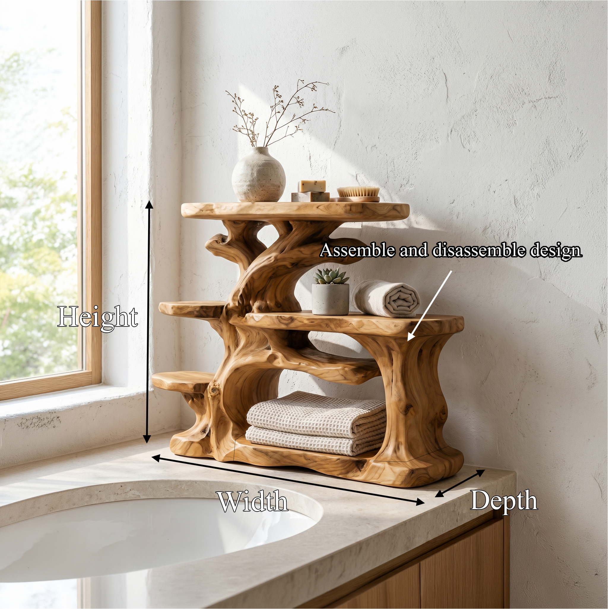 Nature Inspired Bathroom Organizer With Wooden Shelves For Bathroom