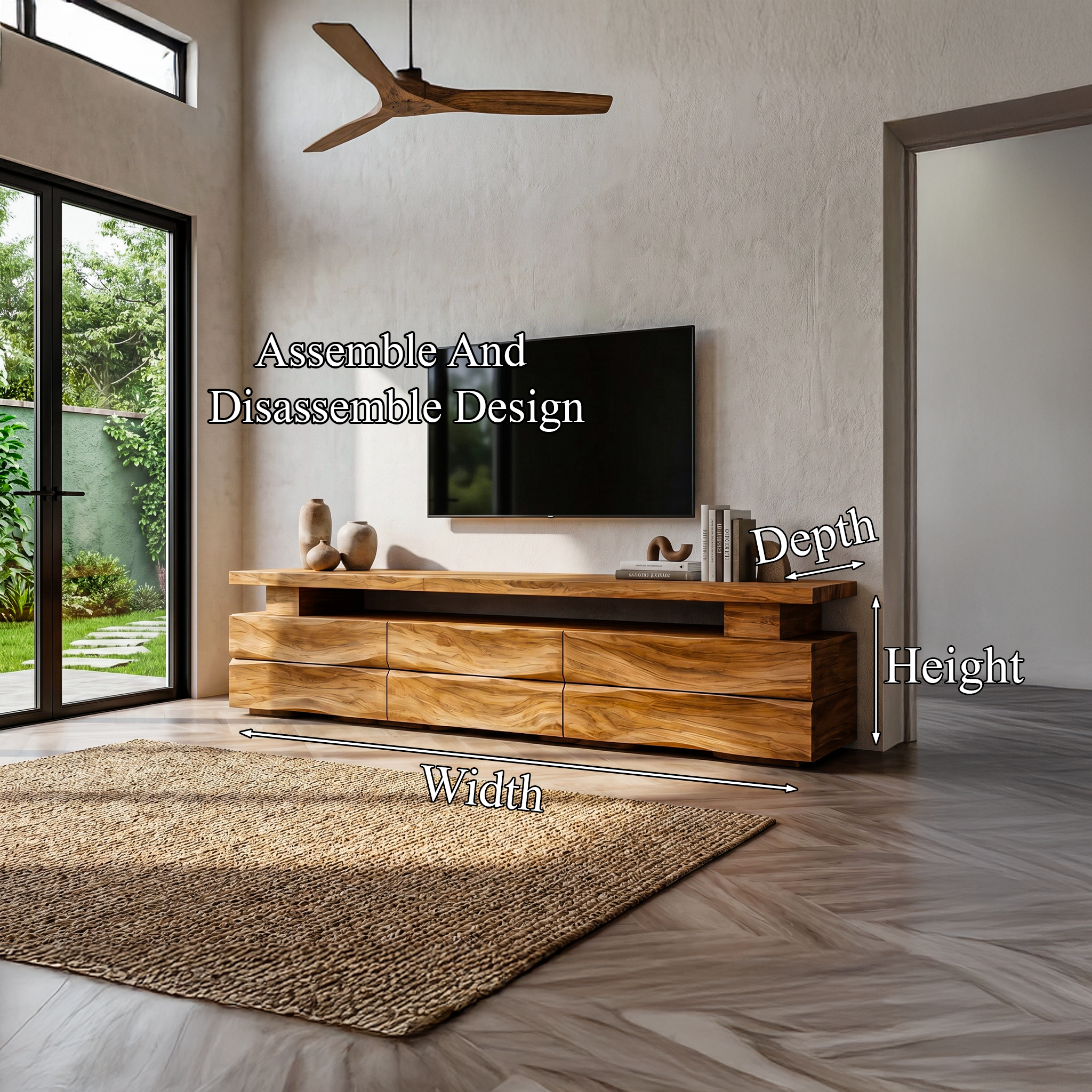 Rustic TV Cabinet With Wave Front Drawers And Open Storage Shelf For Living Room