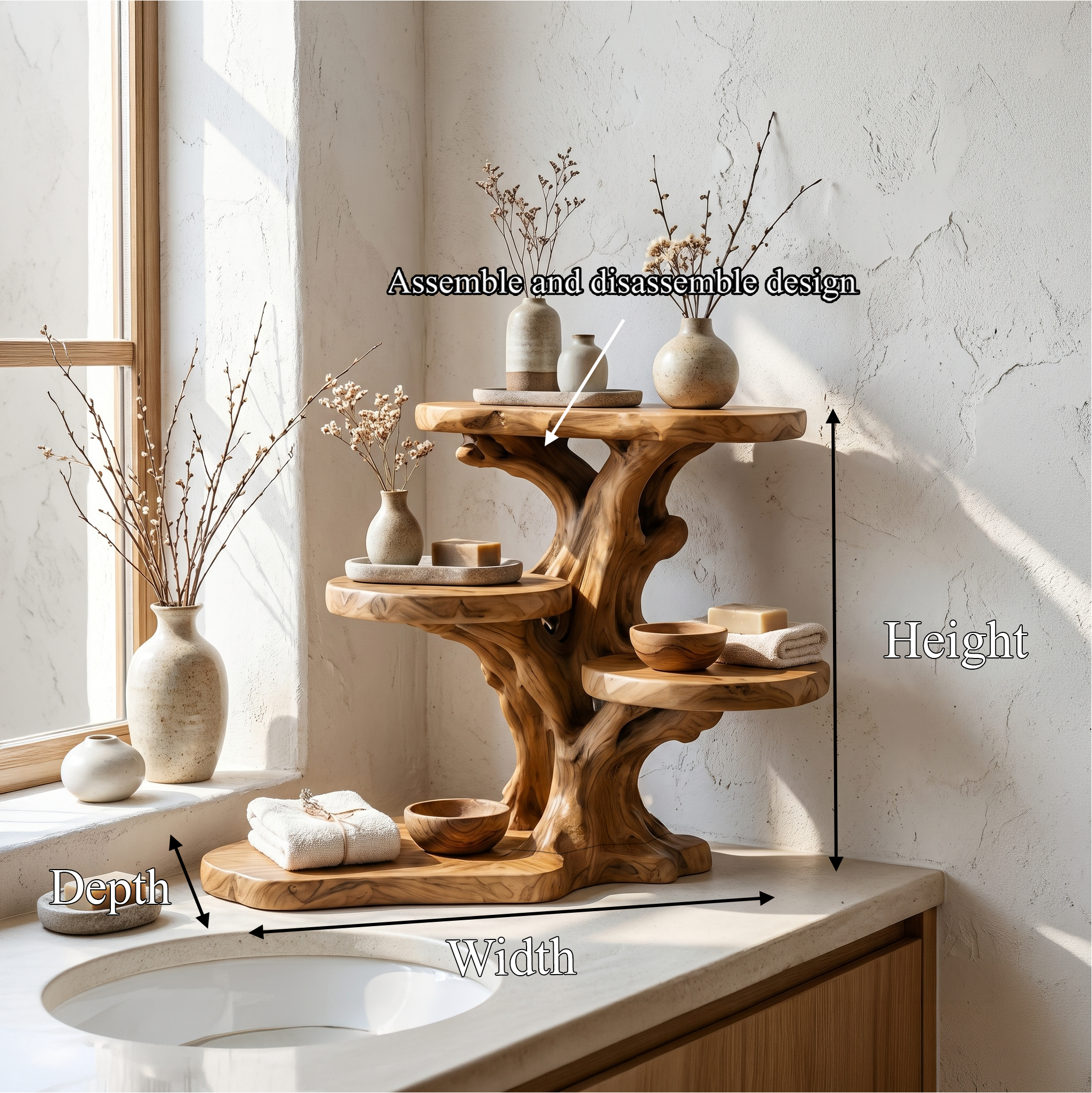 Rustic Tree Bathroom Organizer With Sculptural Display Shelves
