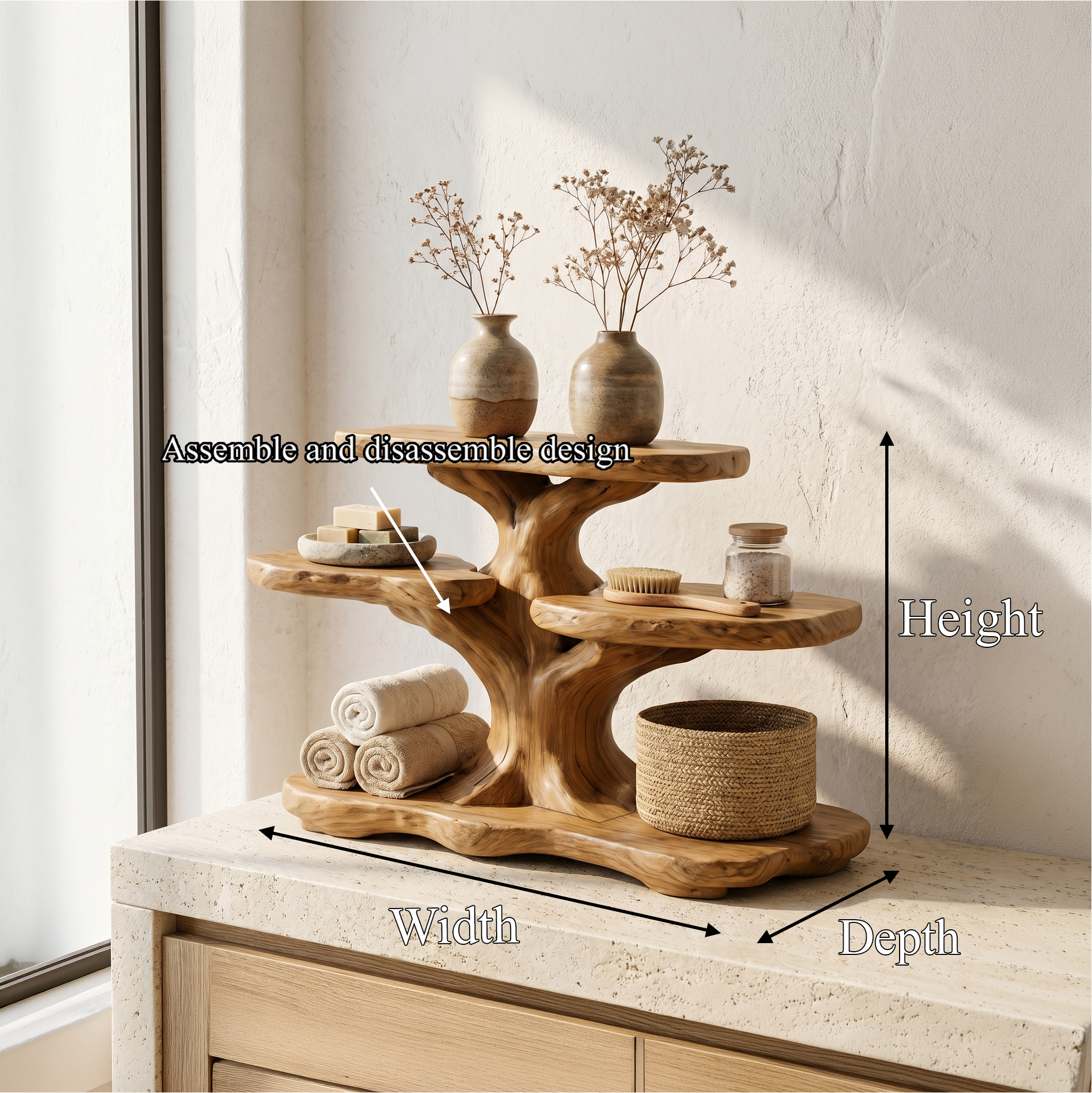 Contemporary Tree Bathroom Organizer With Floating Wood Shelves