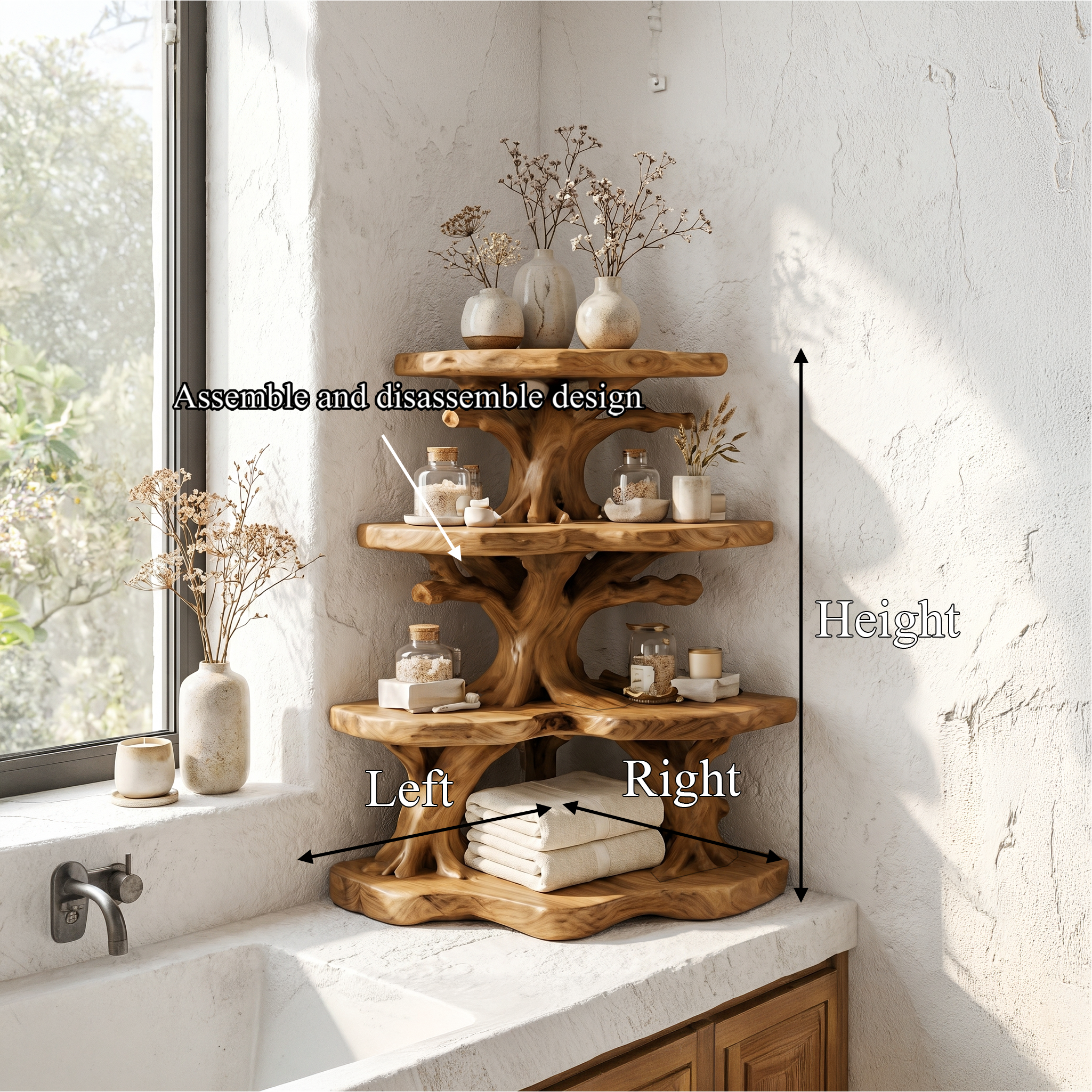 Nature Inspired Corner Bathroom Shelf With Decorative Storage For Bathroom