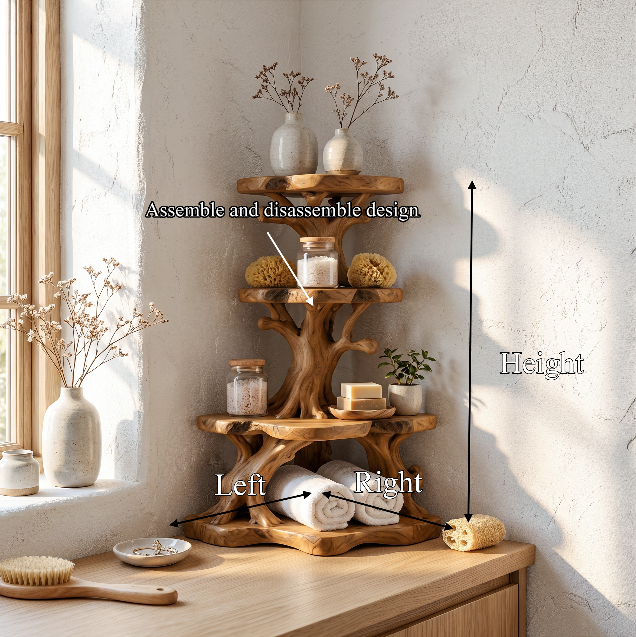 Rustic Bathroom Corner Shelf With Sculptural Wood Display Storage