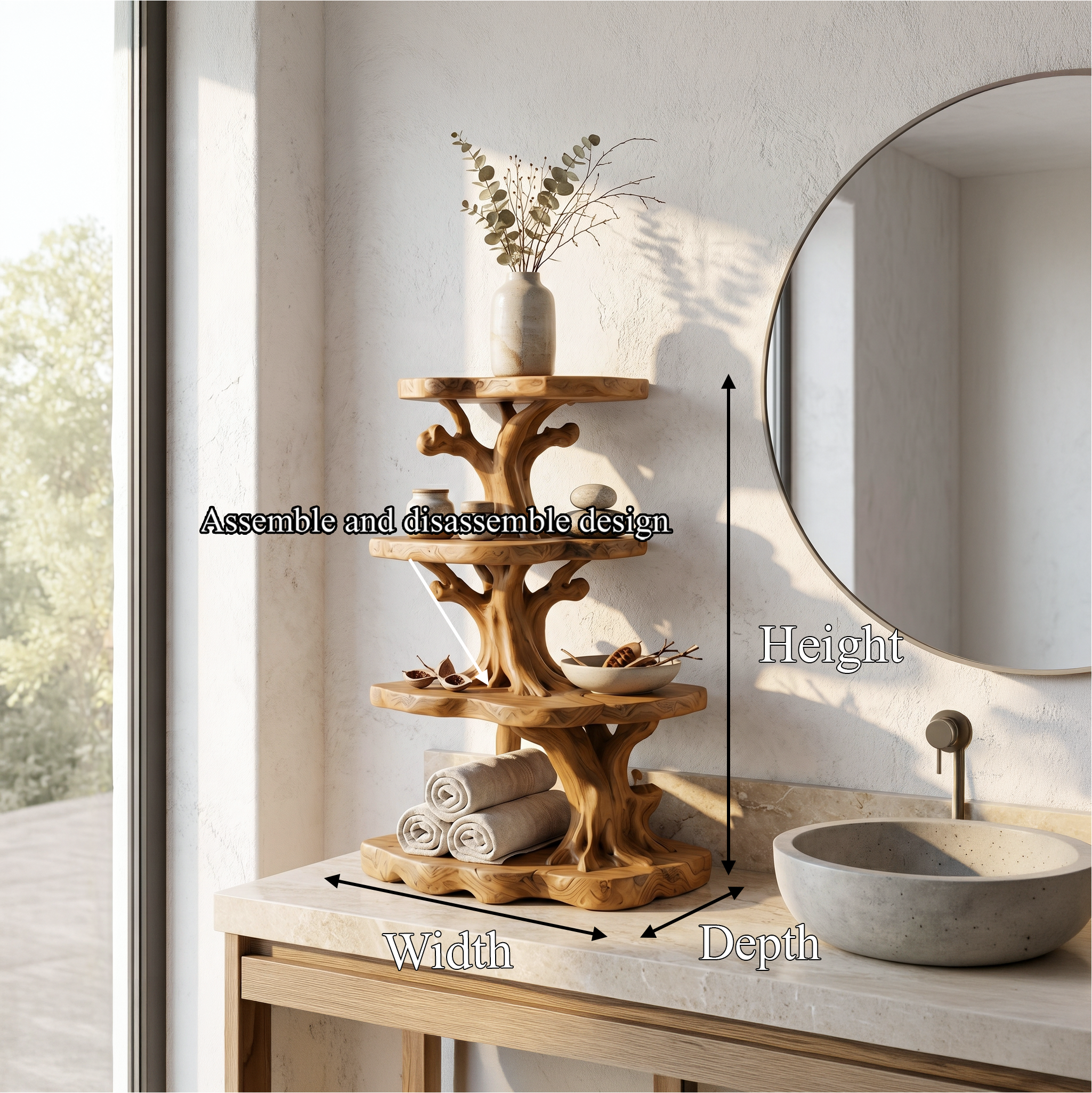 Handcrafted Wooden Bathroom Shelf With Nature Inspired Design For Bathroom