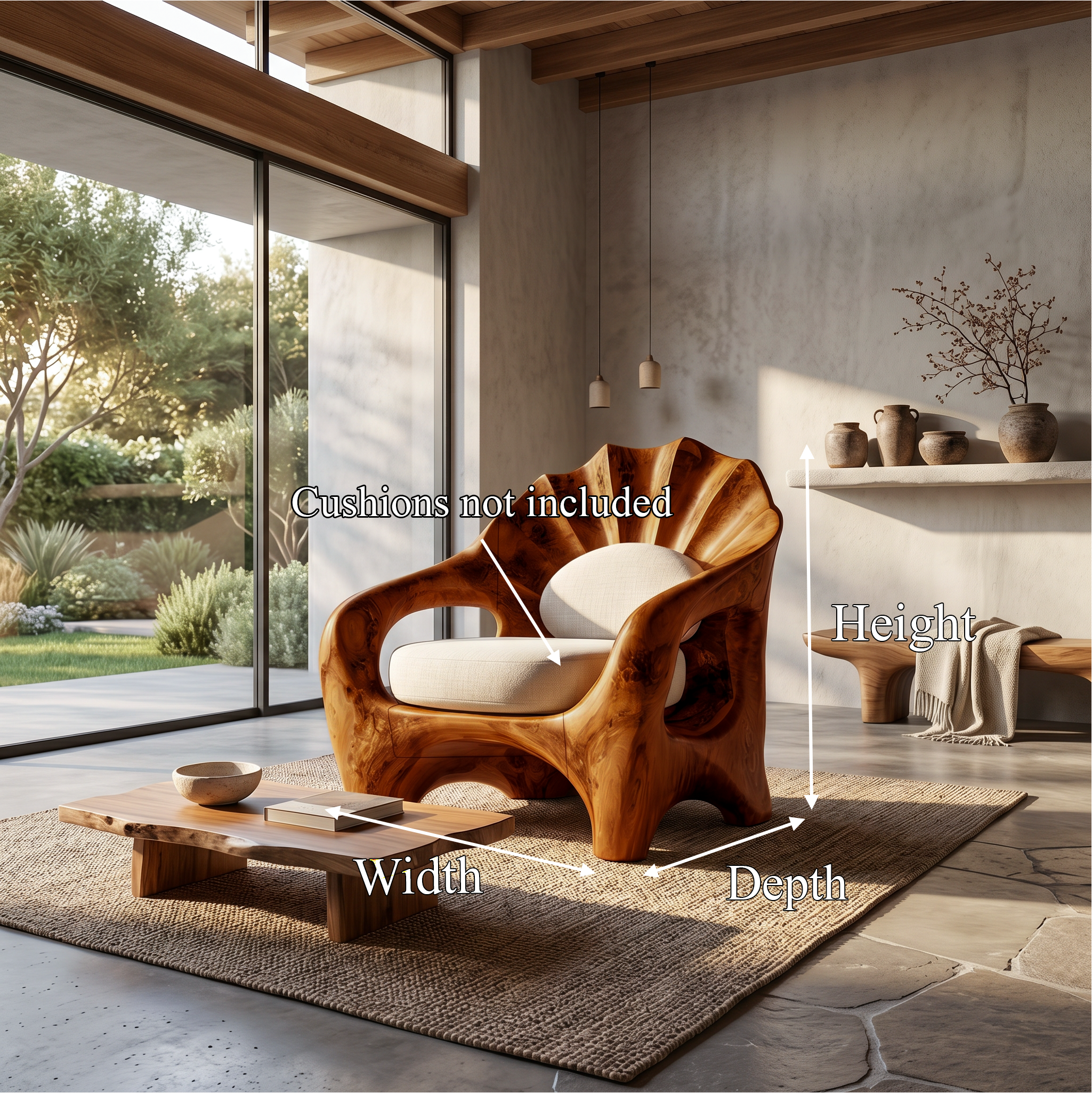 Nature Inspired Armchair With Sculptural Solid Wood Frame For Living Room And Bedroom