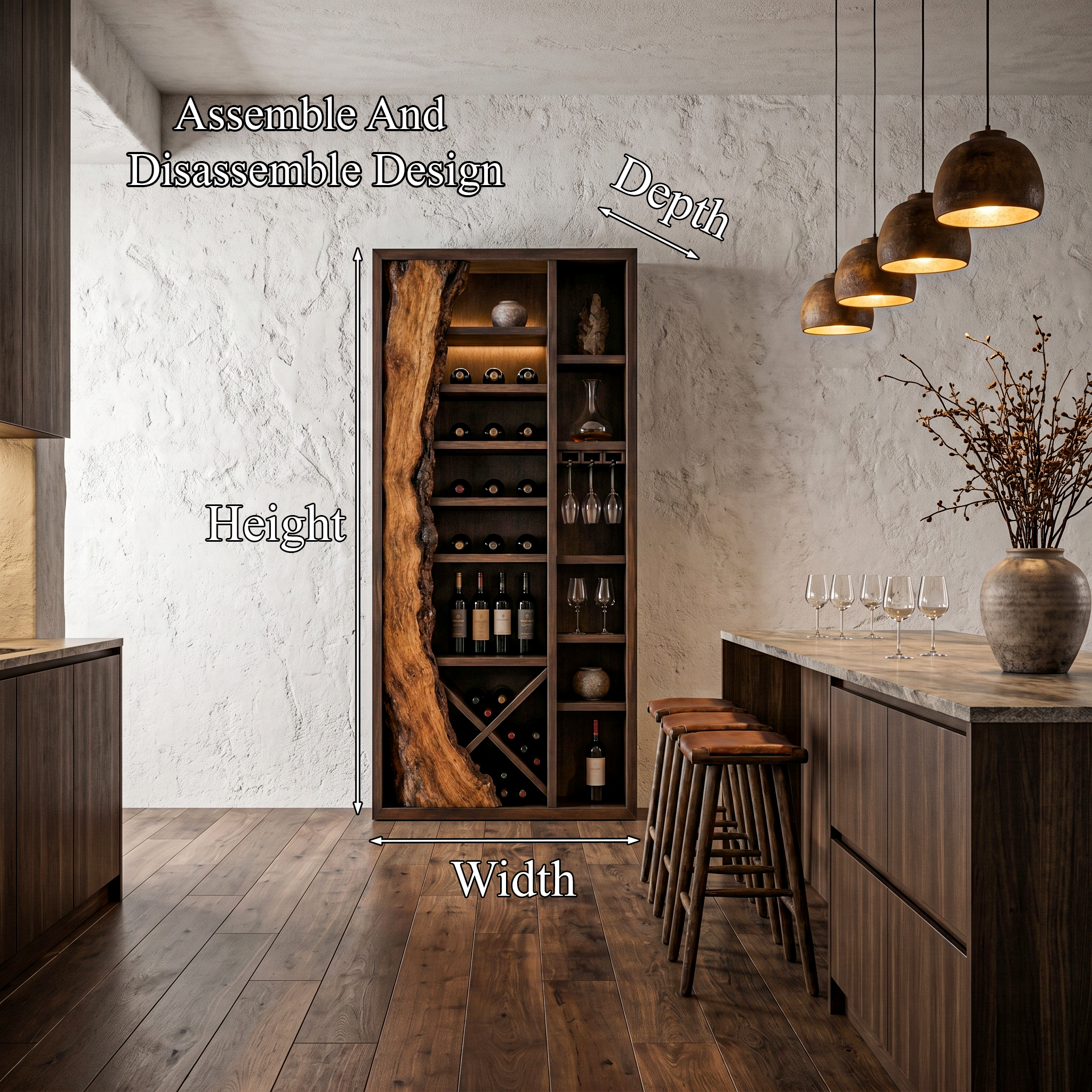 Rustic Wine Cabinet With Live Edge Wood Inlay And Built In Bottle Storage For Dining Room