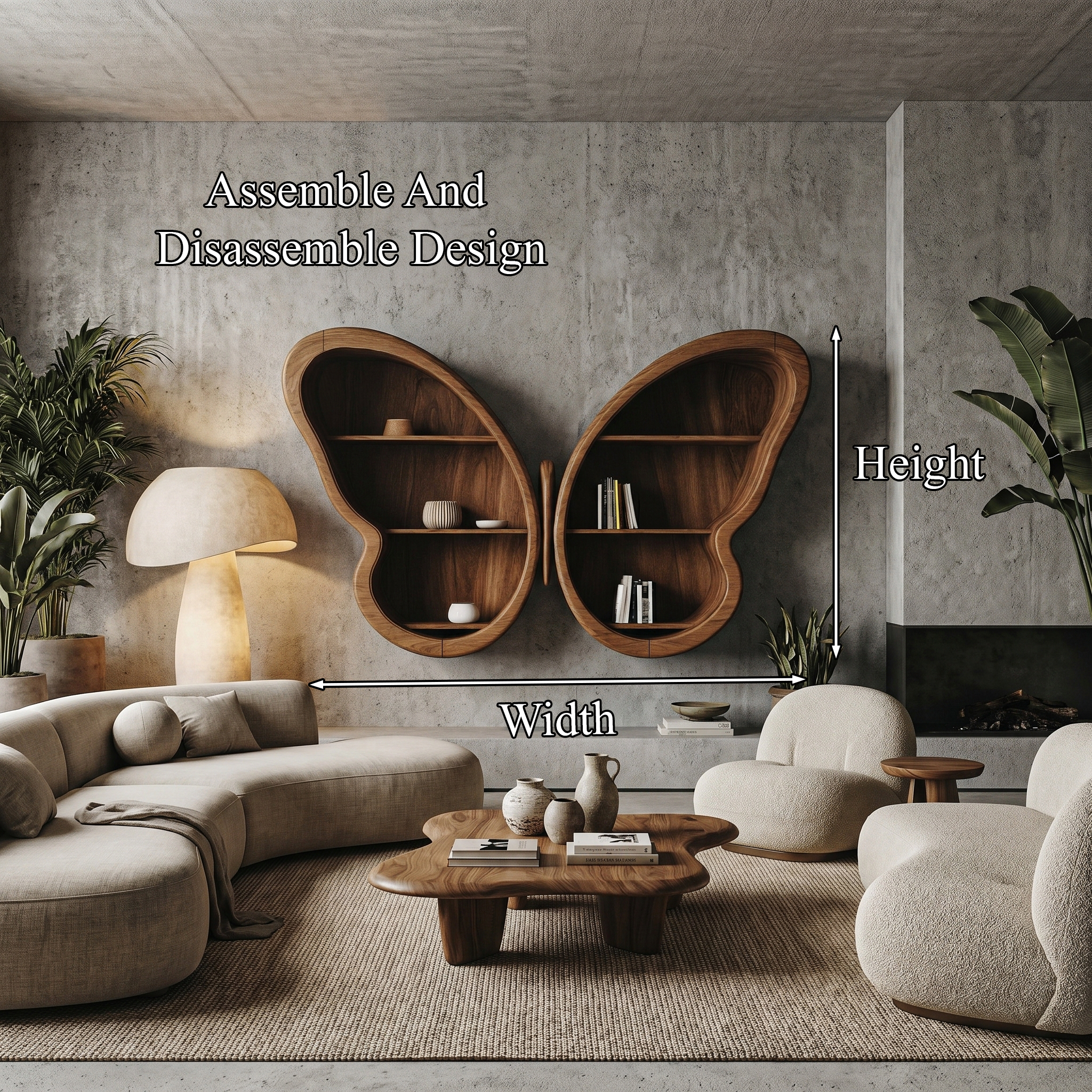 Modern Butterfly Wall Shelf With Sculptural Wooden Display Storage For Living Room