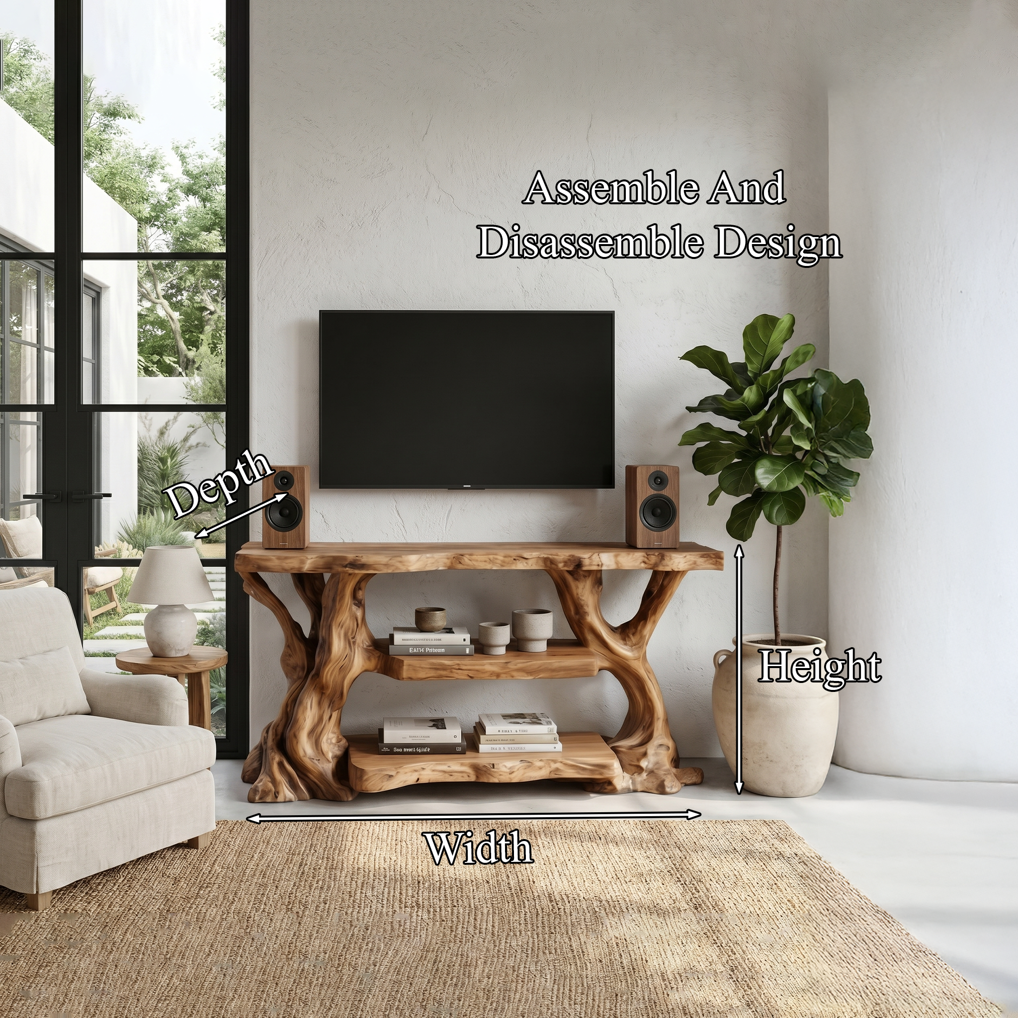 Rustic TV Stand With Natural Wood Sculptural Frame For Living Room
