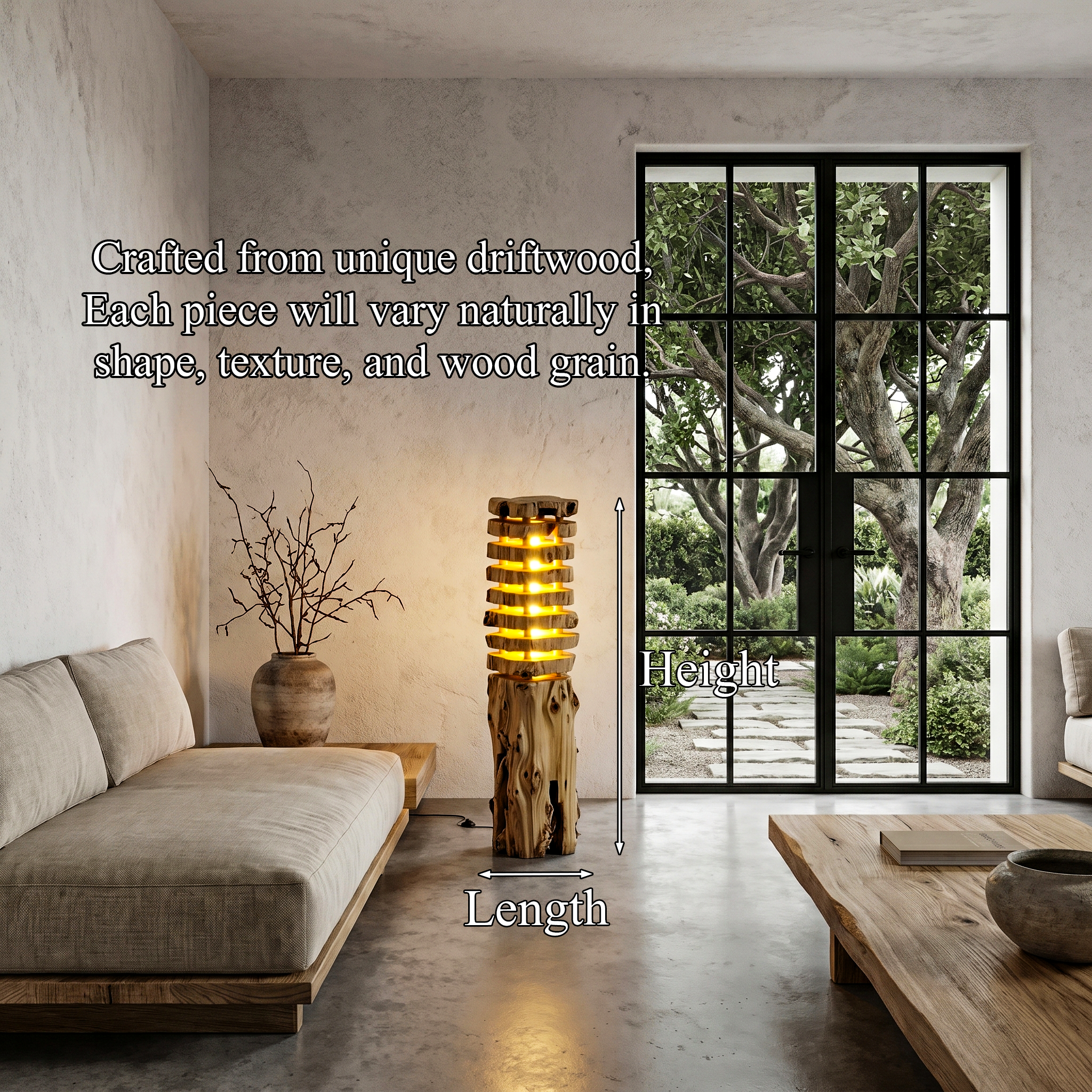 Rustic Log Floor Lamp With Sculptural Wooden Base For Living Room And Bedroom
