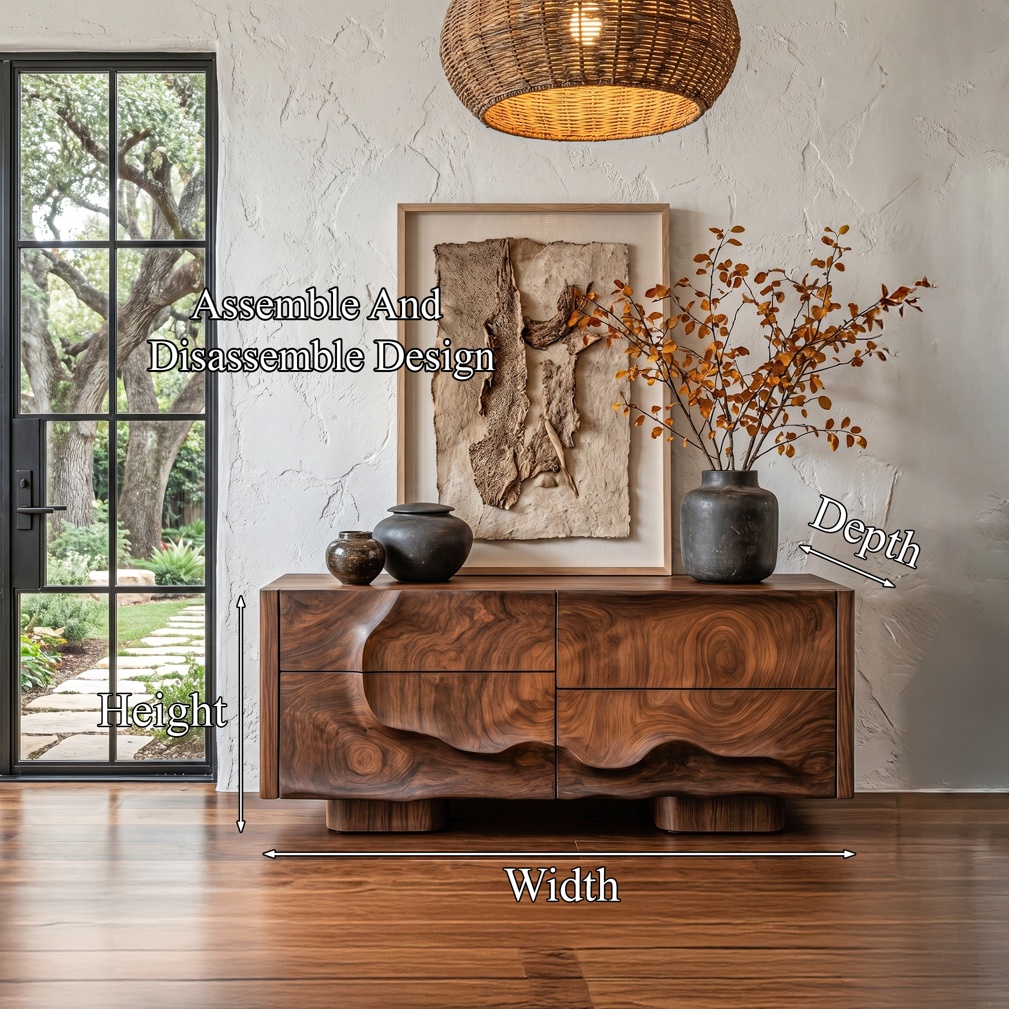 Rustic Organic Storage Cabinet With Carved Wood Doors For Living Room And Entryway